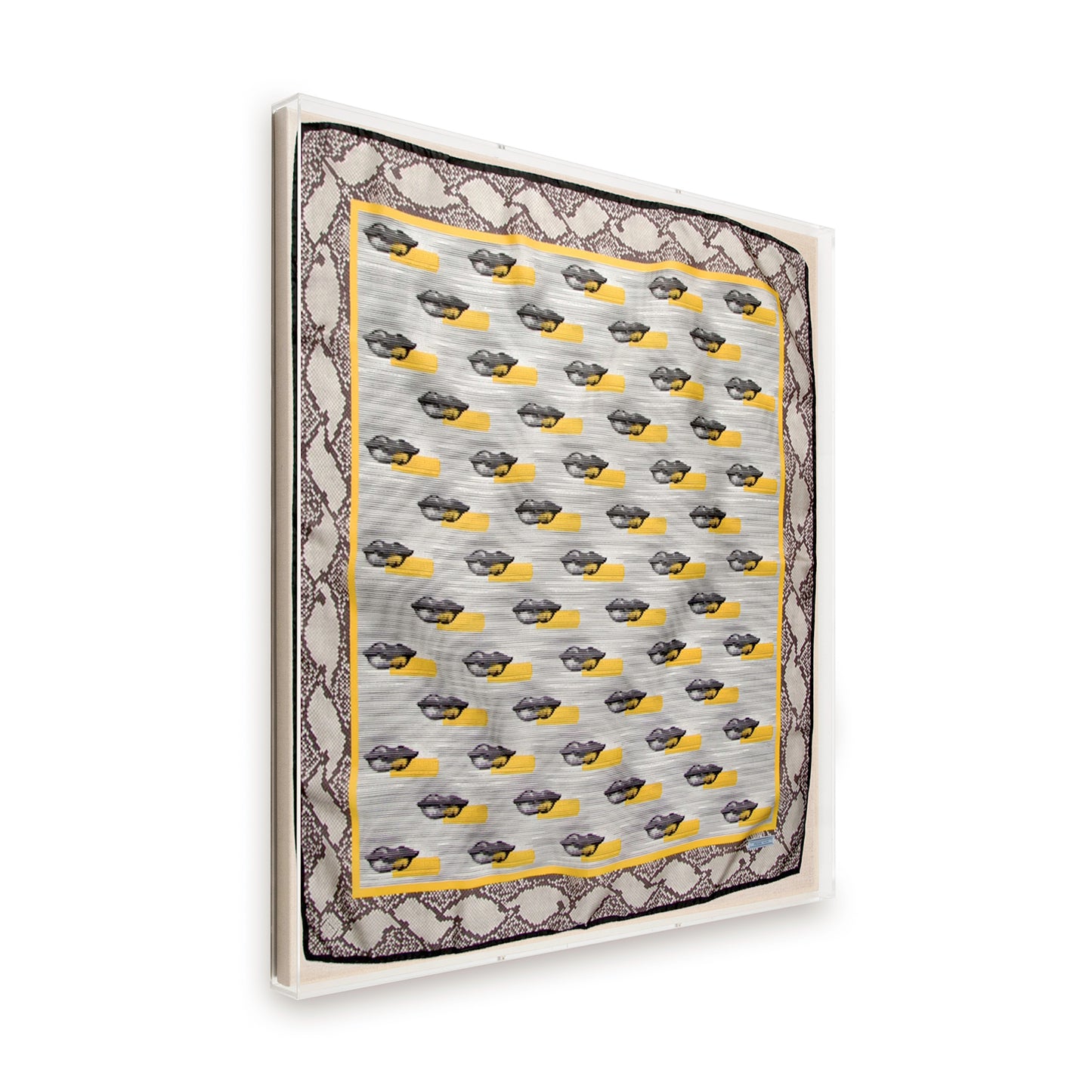 Framed Prada Lips Printed Silk Scarf in a 36x36x2" Shadowbox