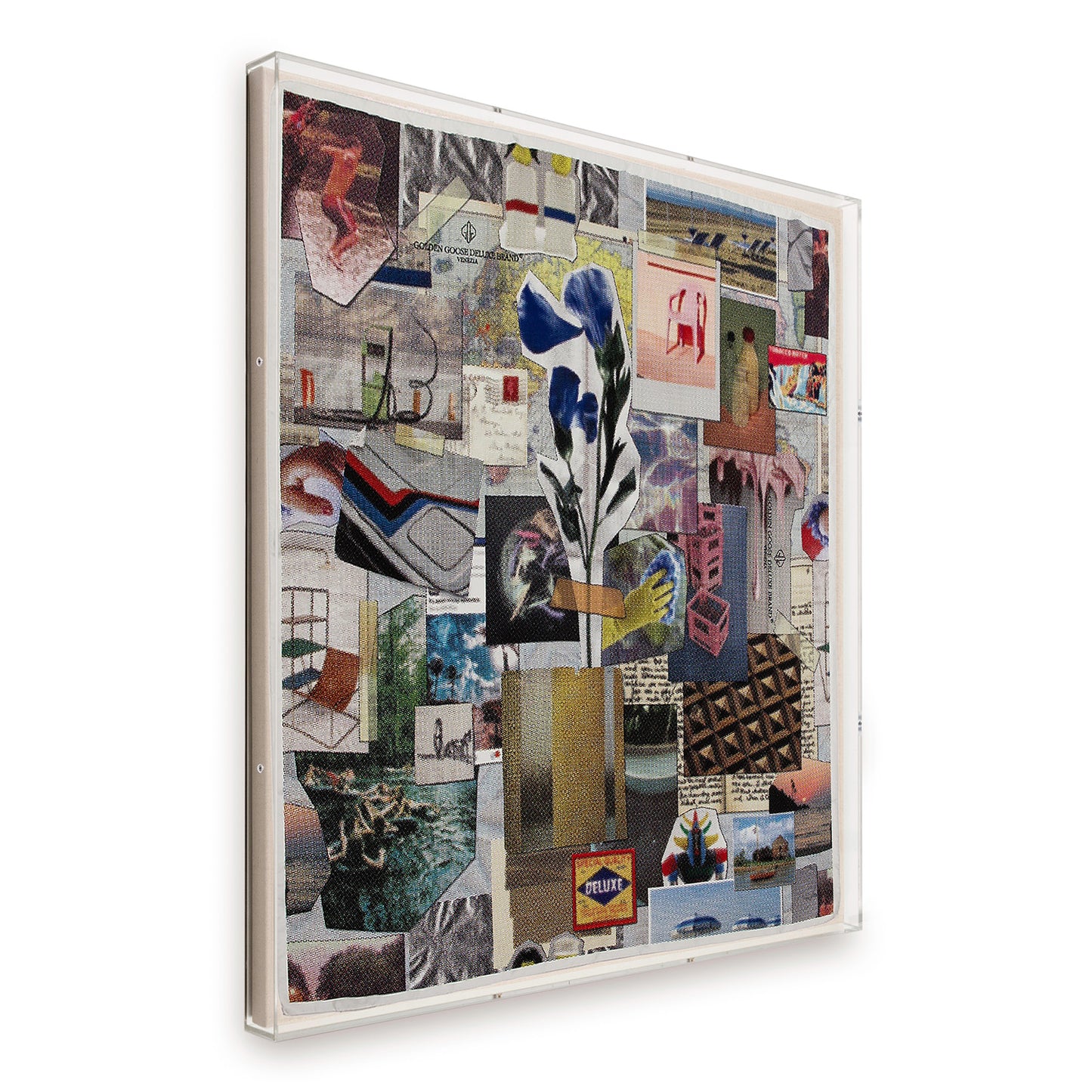 Framed Golden Goose Collage Silk Scarf in a 58x58x2" Shadowbox