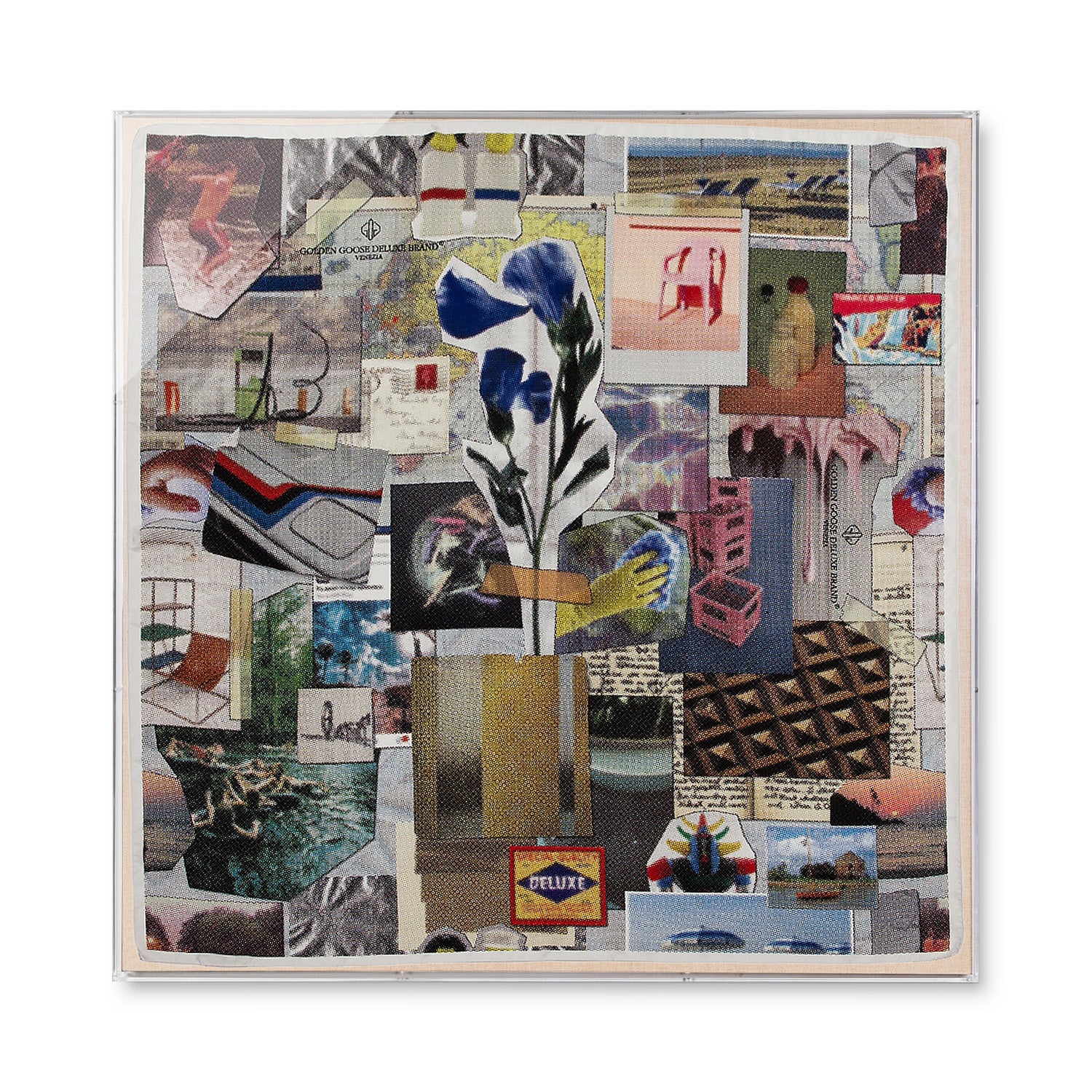 Framed Golden Goose Collage Silk Scarf in a 58x58x2" Shadowbox