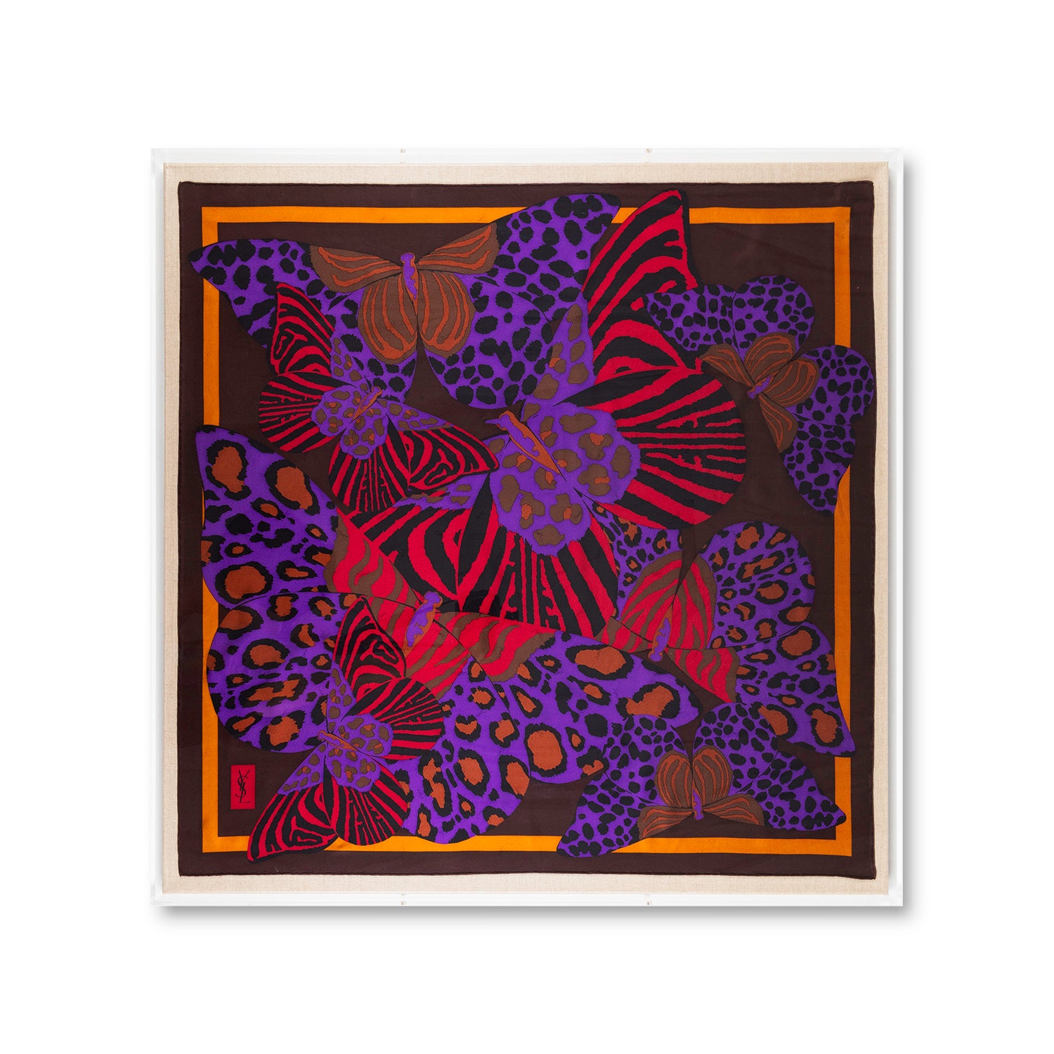 Framed Yves Saint Laurent Butterflies on Brown Silk Scarf in a 36x36x2