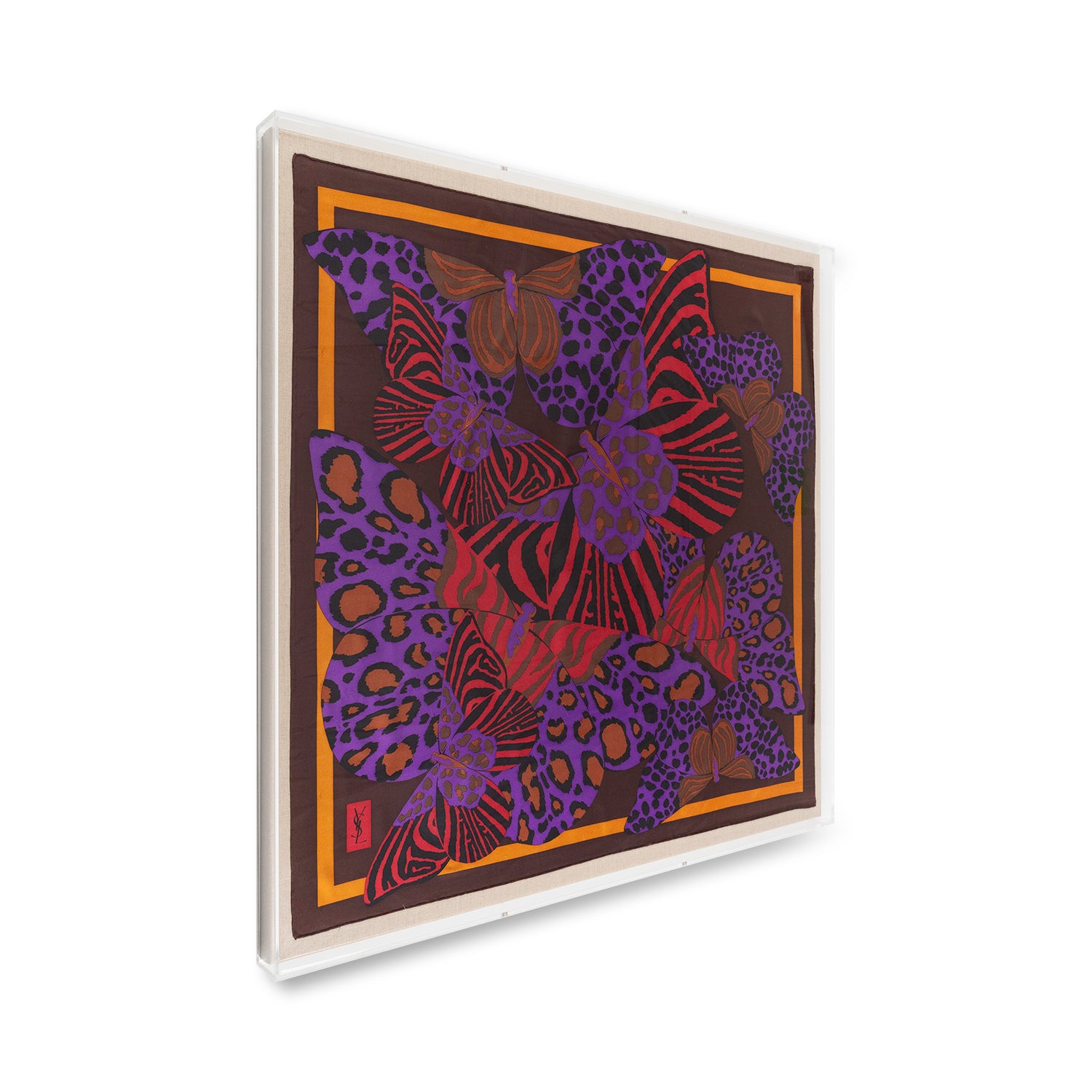 Framed Yves Saint Laurent Butterflies on Brown Silk Scarf in a 36x36x2