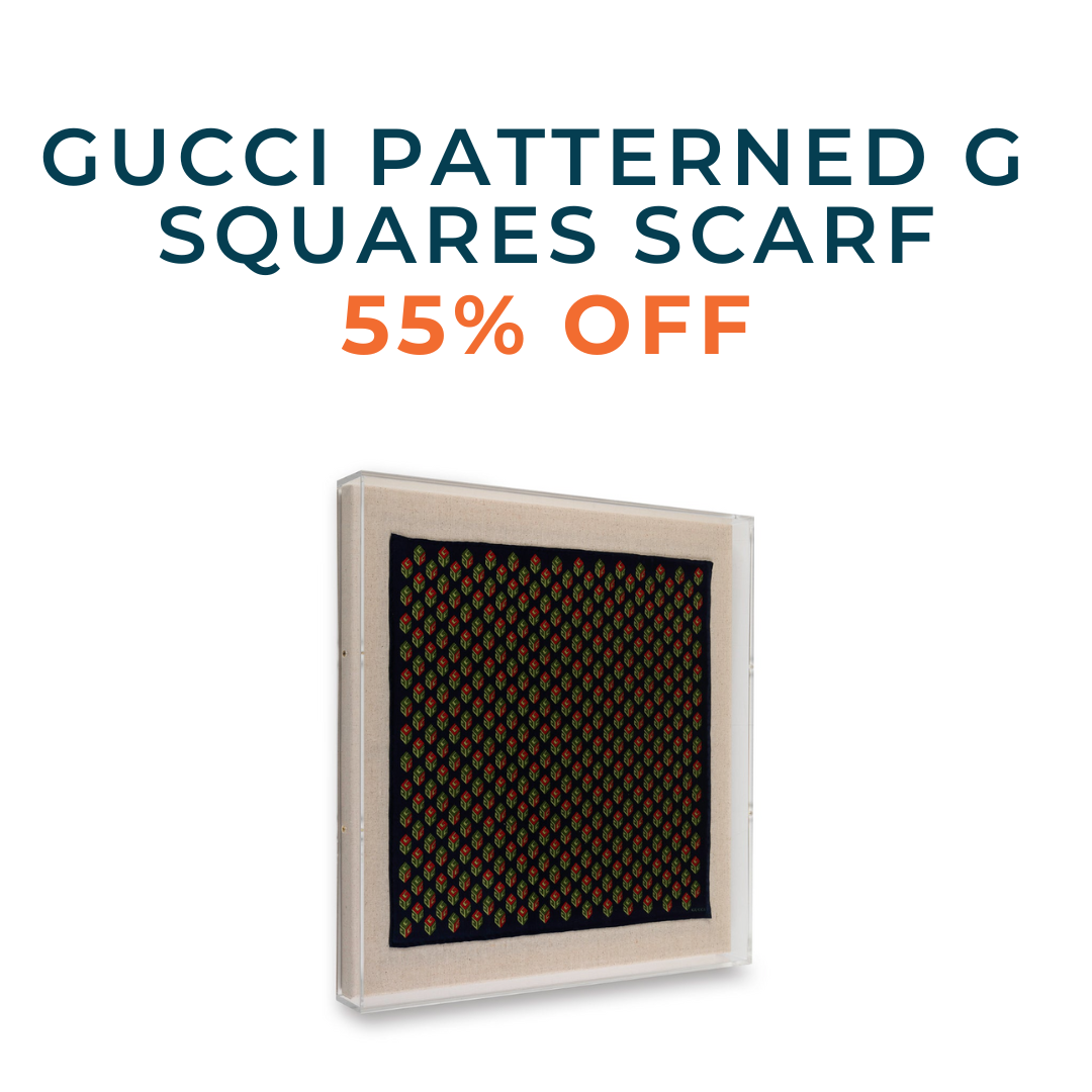 Framed Gucci Patterned G Squares Scarf Blue and Red in a 20x20x2 Shadowbox