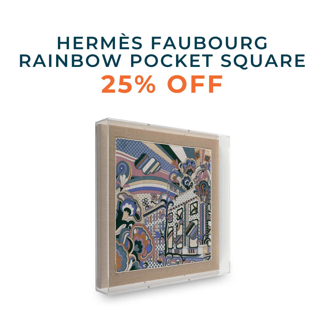 Framed Hermès Faubourg Rainbow Pocket Square in a 20x20x3 Shadowbox