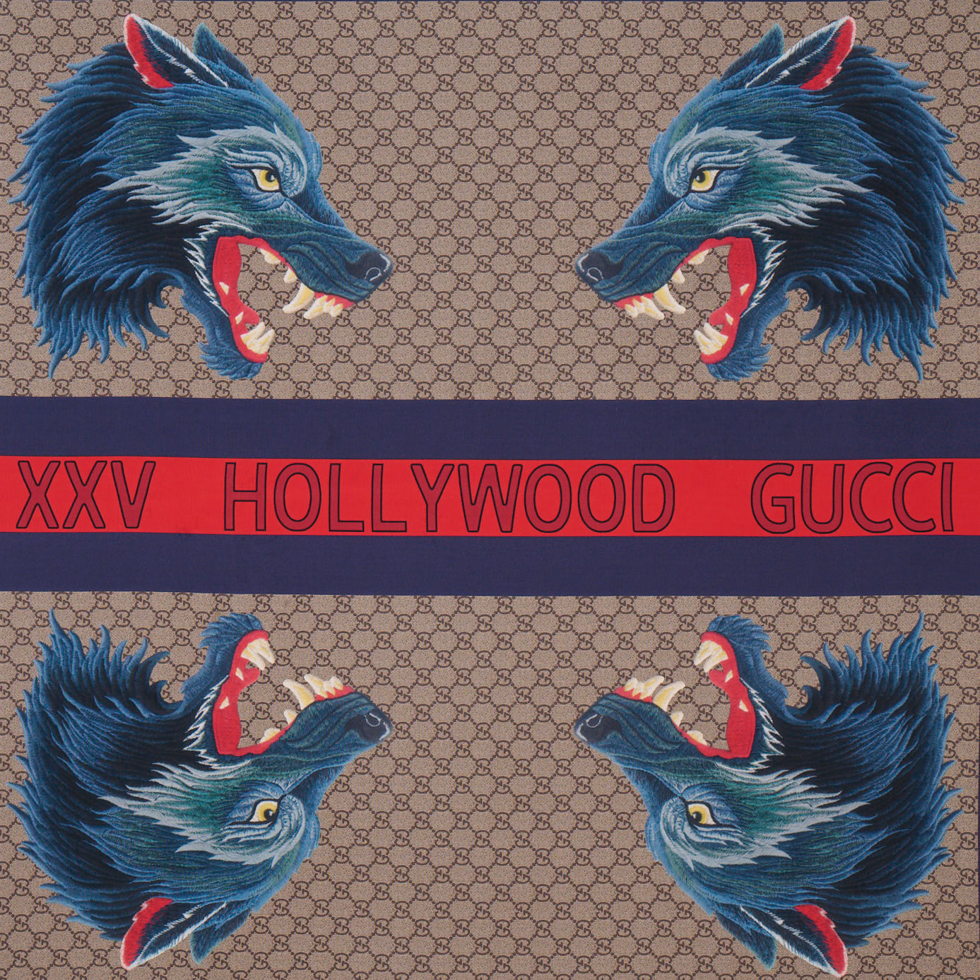 Framed Gucci Monogram XXV Hollywood Wolf Web Silk Scarf in a 36x36x2" Shadowbox
