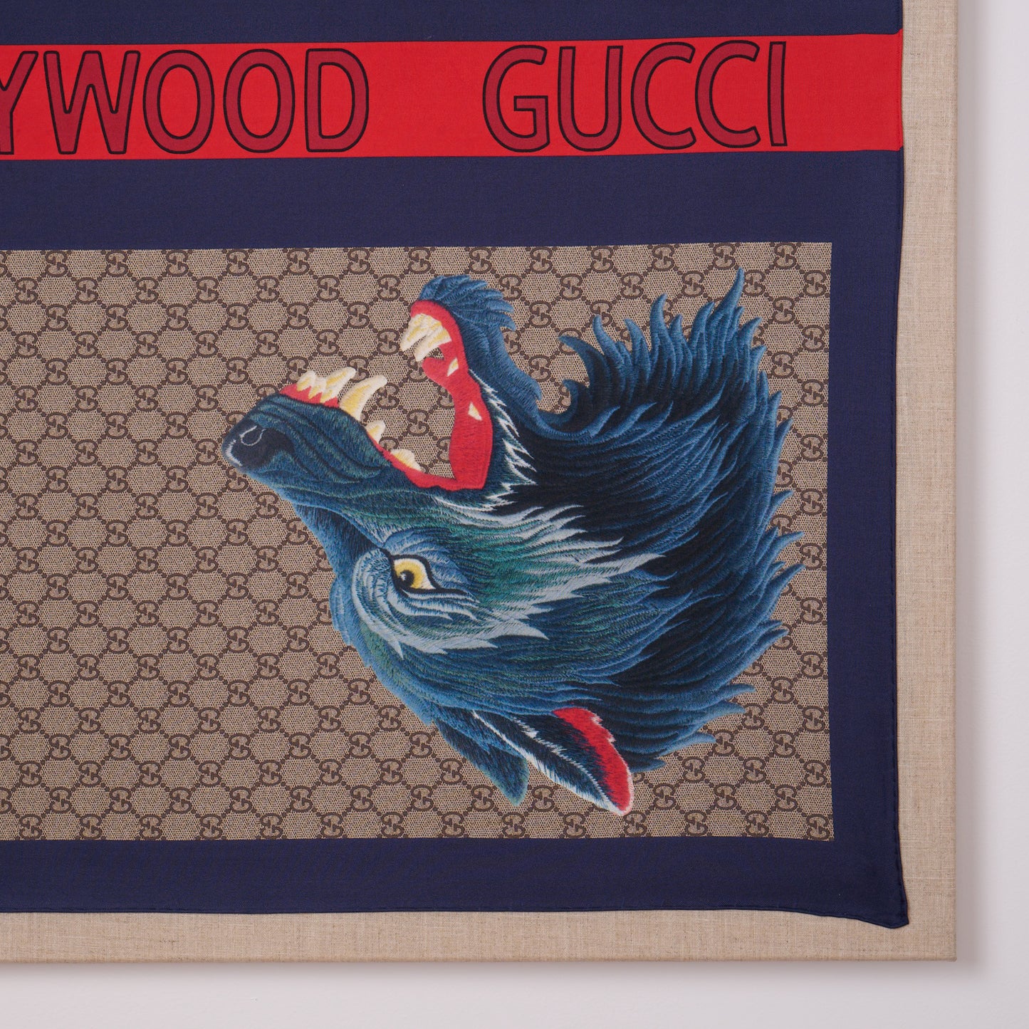 Framed Gucci Monogram XXV Hollywood Wolf Web Silk Scarf in a 36x36x2" Shadowbox