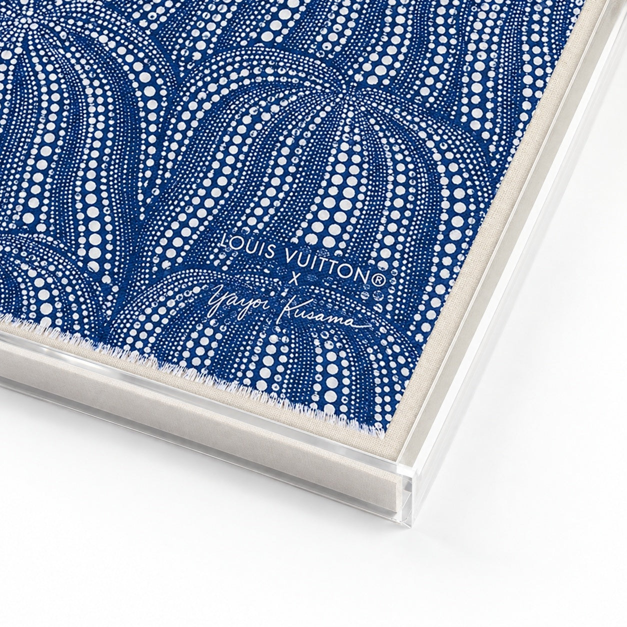 Framed Louis Vuitton x Yayoi Kusama Blue Silk Scarf in a Custom 57x79" Shadowbox