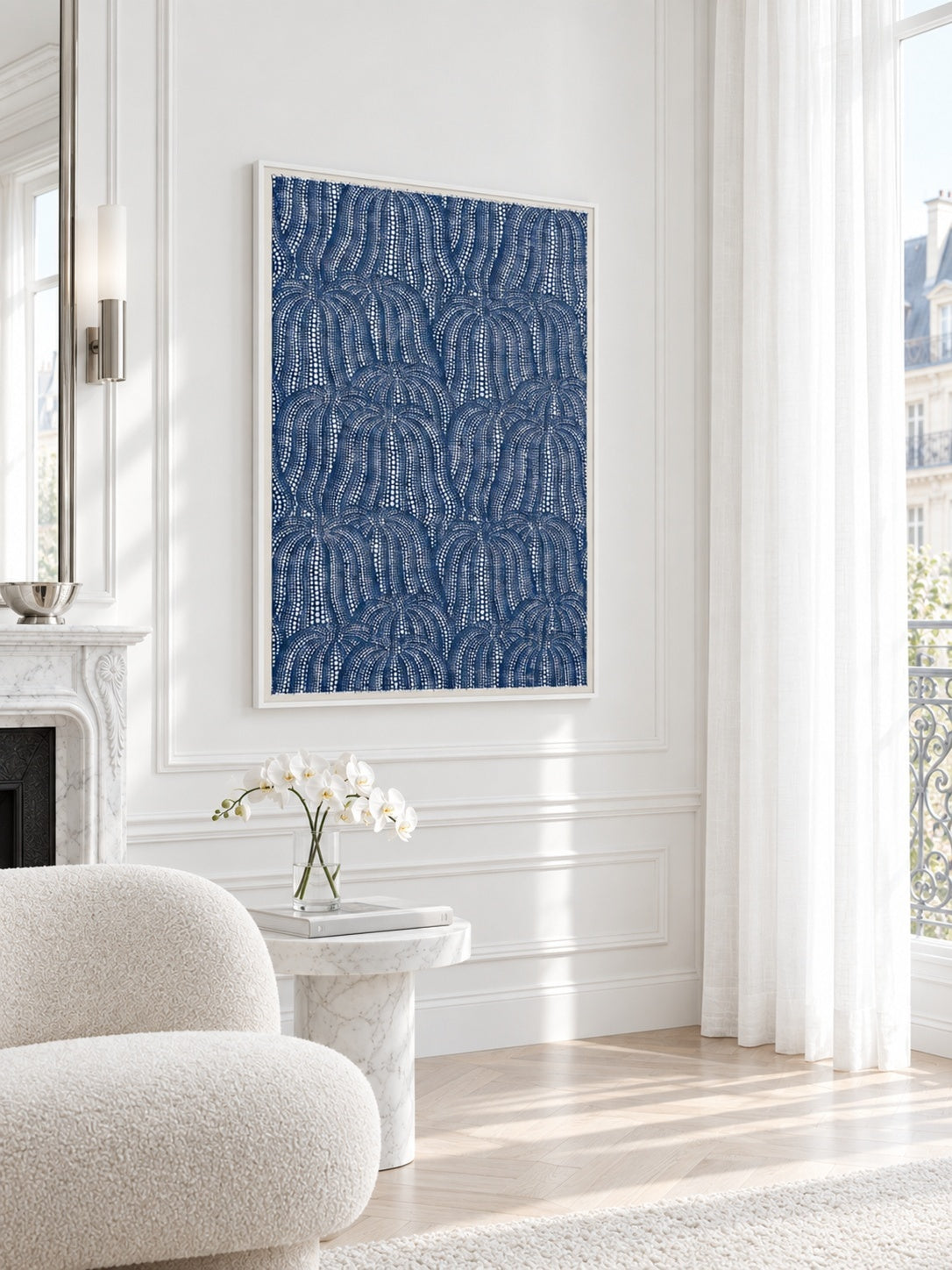 Framed Louis Vuitton x Yayoi Kusama Blue Silk Scarf in a Custom 57x79" Shadowbox