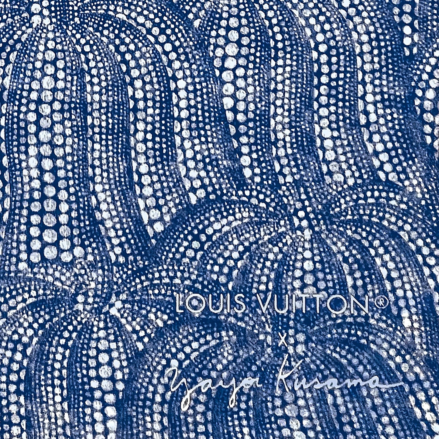 Framed Louis Vuitton x Yayoi Kusama Blue Silk Scarf in a Custom 57x79" Shadowbox