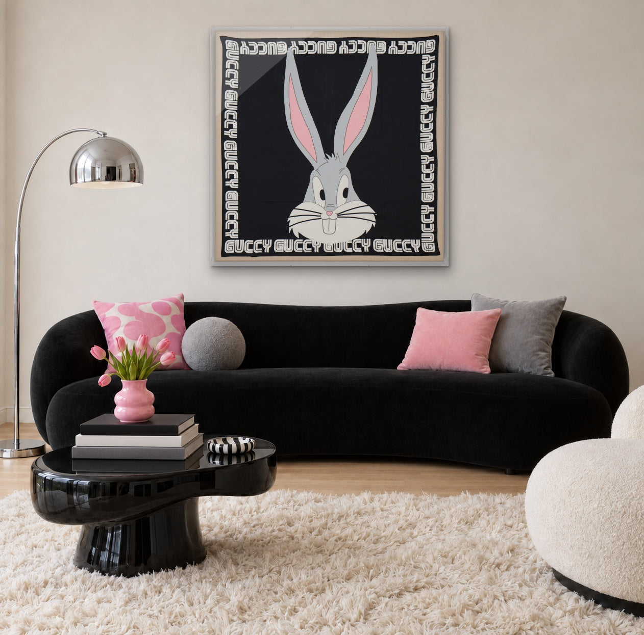 Framed Gucci Bugs Bunny Print Silk Guccy Scarf in a 36x36x2" Shadowbox