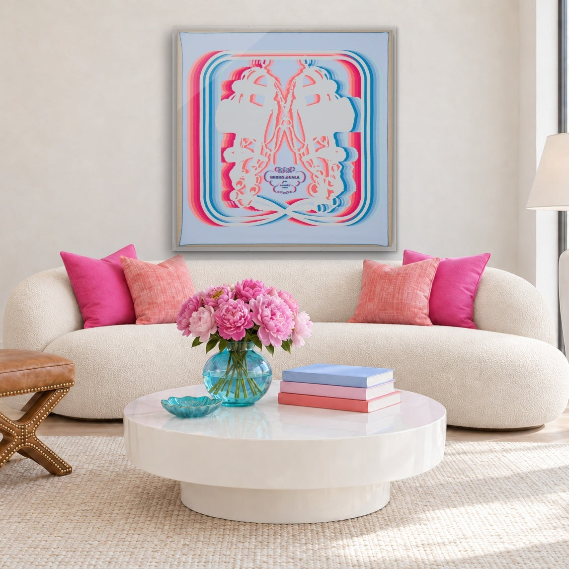 Framed Brides De Gala Hermès Shadow Silk Scarf in a 36x36x2" Shadowbox Rose Rif Edition
