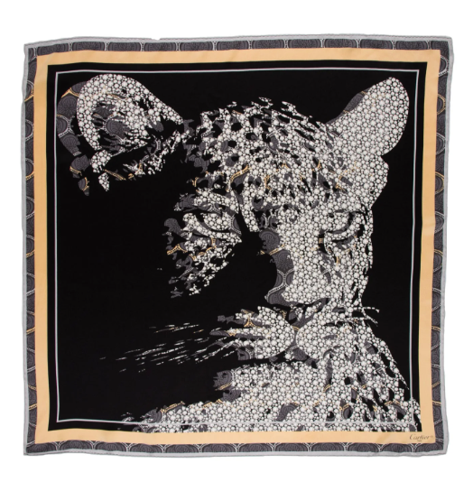 Framed Cartier Black Diamond Leopard Scarf in a 36x36x2 Shadowbox