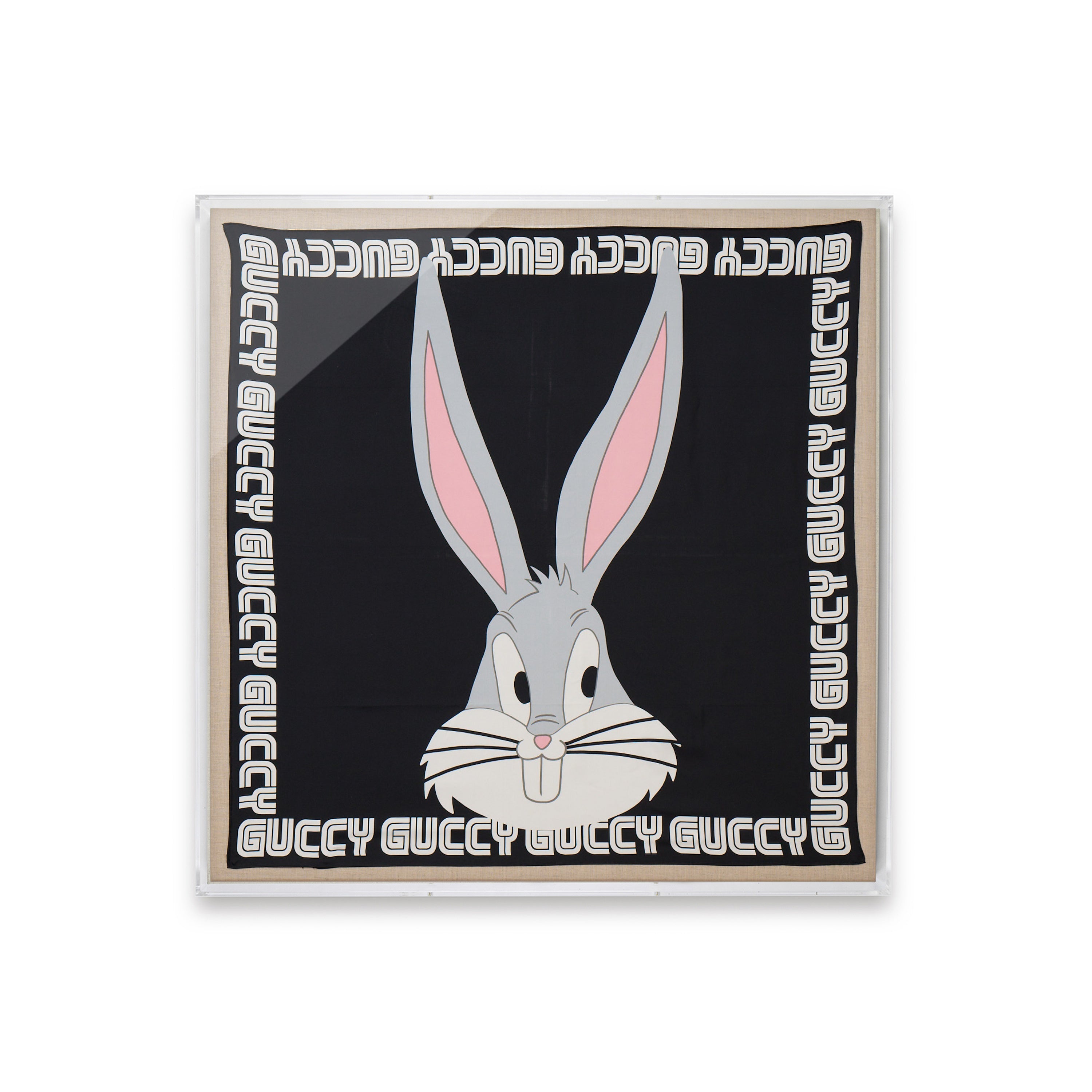 Framed Gucci Bugs Bunny Print Silk Guccy Scarf in a 36x36x2" Shadowbox
