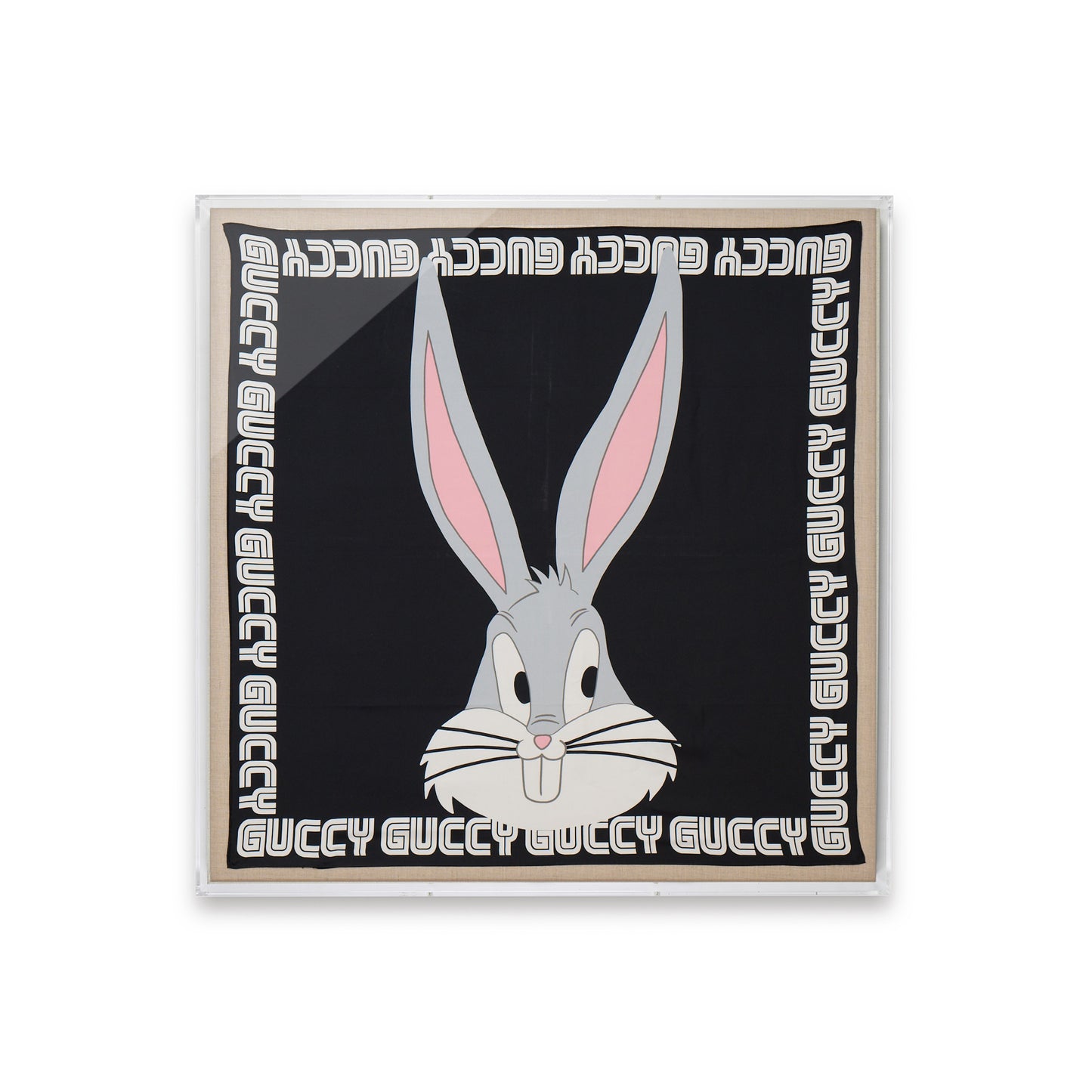 Framed Gucci Bugs Bunny Print Silk Guccy Scarf in a 36x36x2" Shadowbox