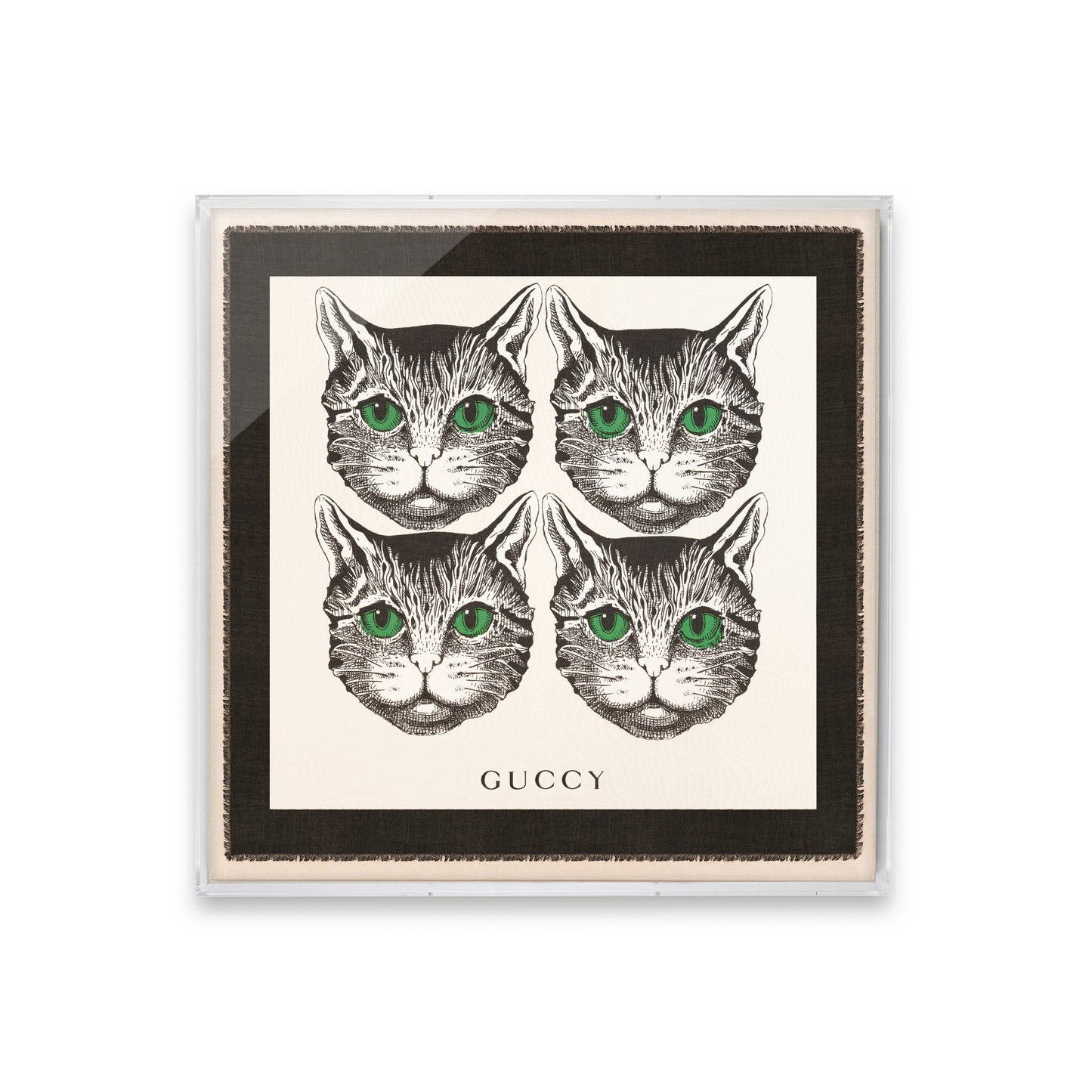 Framed Gucci Mystic Cat "GUCCY" Modal-Silk Scarf in a 58x58x2" Shadowbox