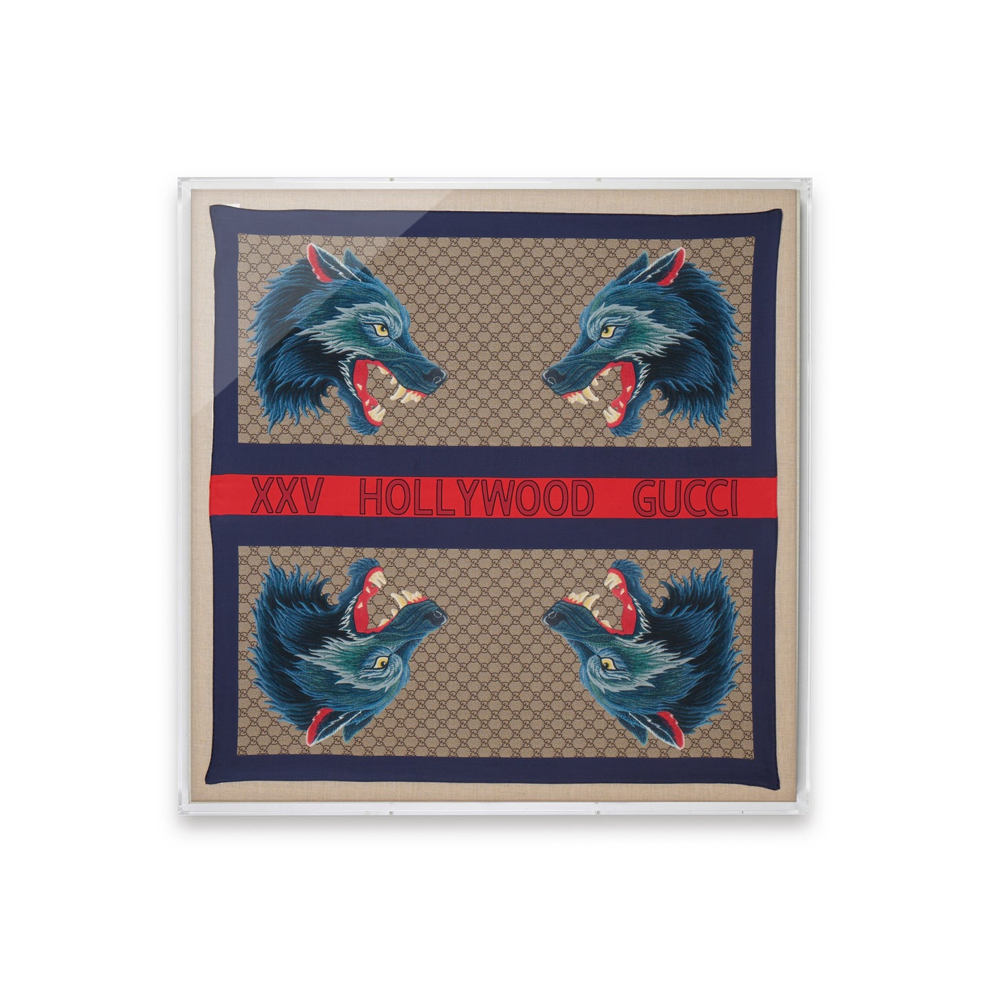 Framed Gucci Monogram XXV Hollywood Wolf Web Silk Scarf in a 36x36x2" Shadowbox