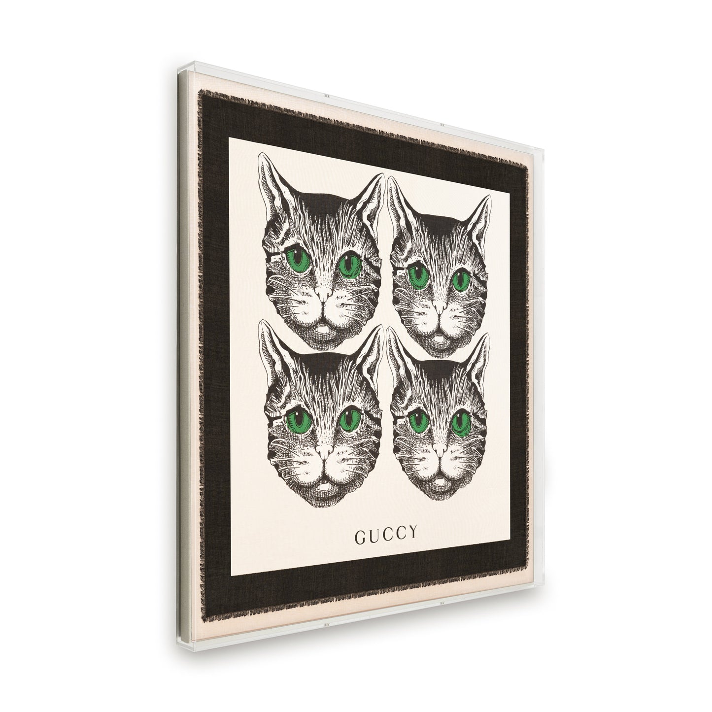 Framed Gucci Mystic Cat "GUCCY" Modal-Silk Scarf in a 58x58x2" Shadowbox