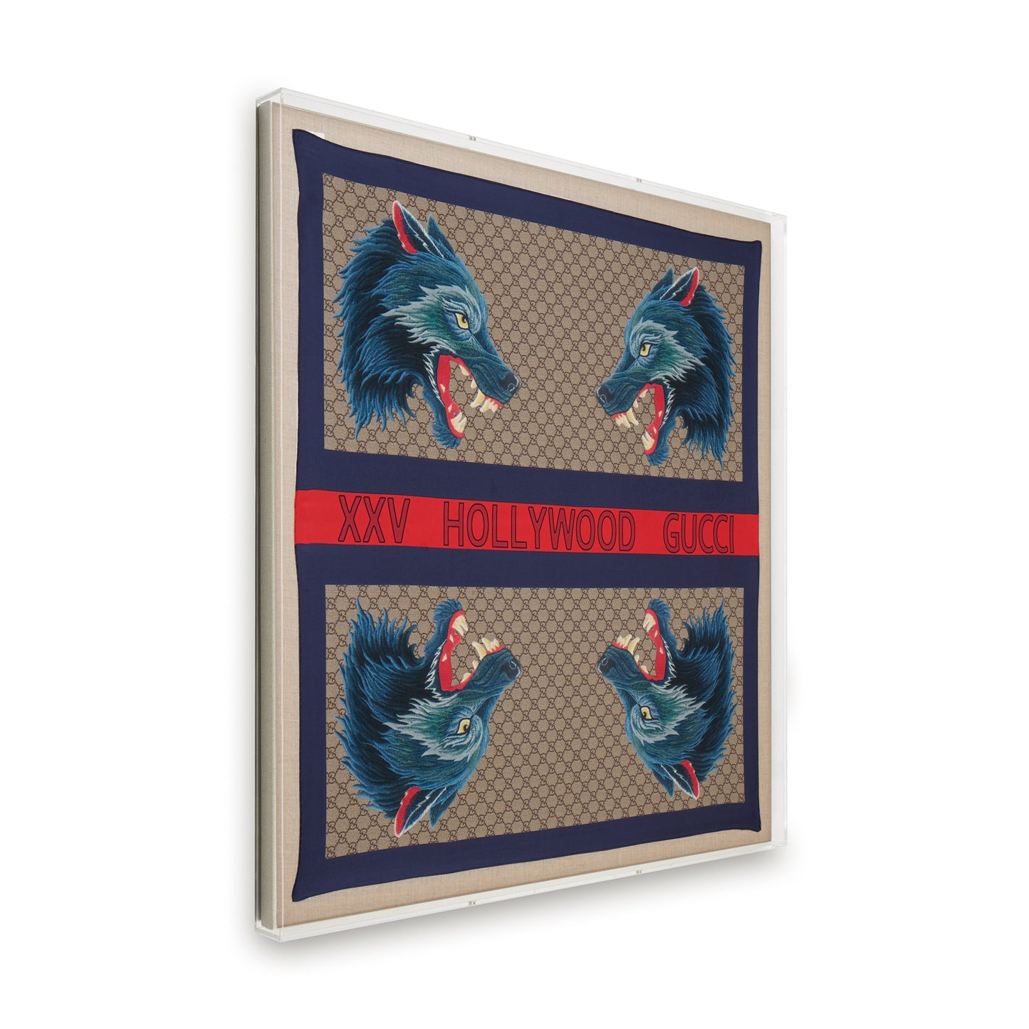 Framed Gucci Monogram XXV Hollywood Wolf Web Silk Scarf in a 36x36x2" Shadowbox