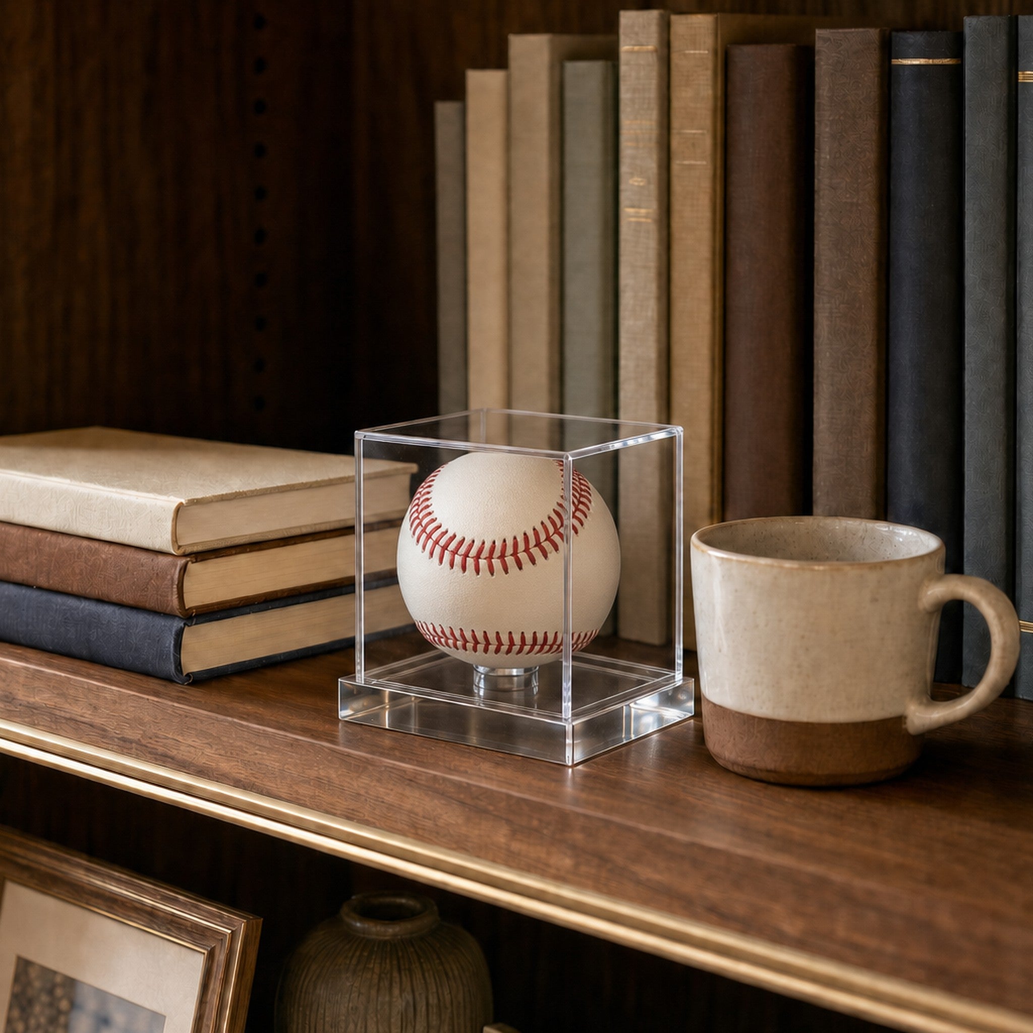 Acrylic baseball display case styled on a walnut bookshelf beside hardcover books and a ceramic mug in a designer interior