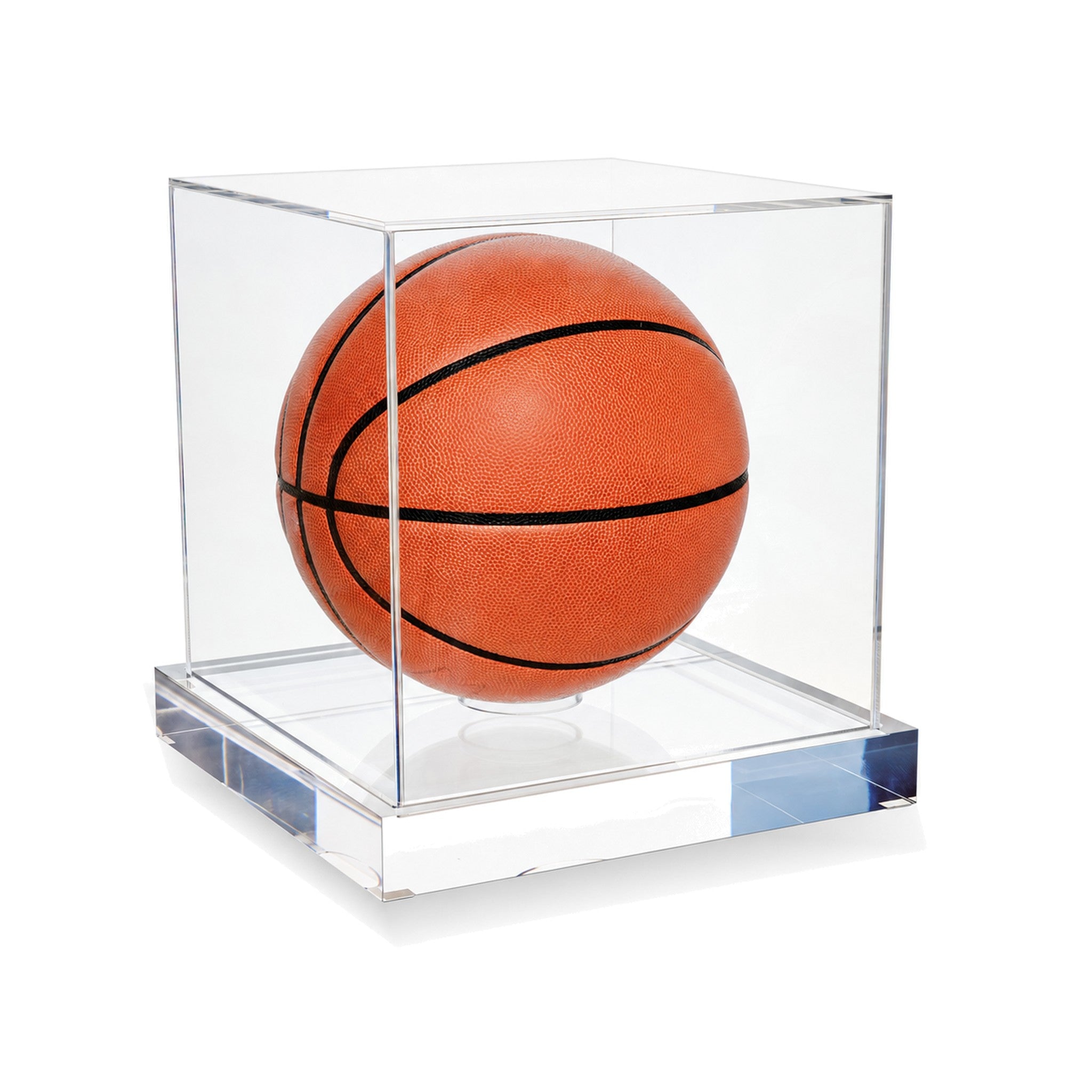 Three-quarter angled view of the basketball display case showing the polished clear acrylic base