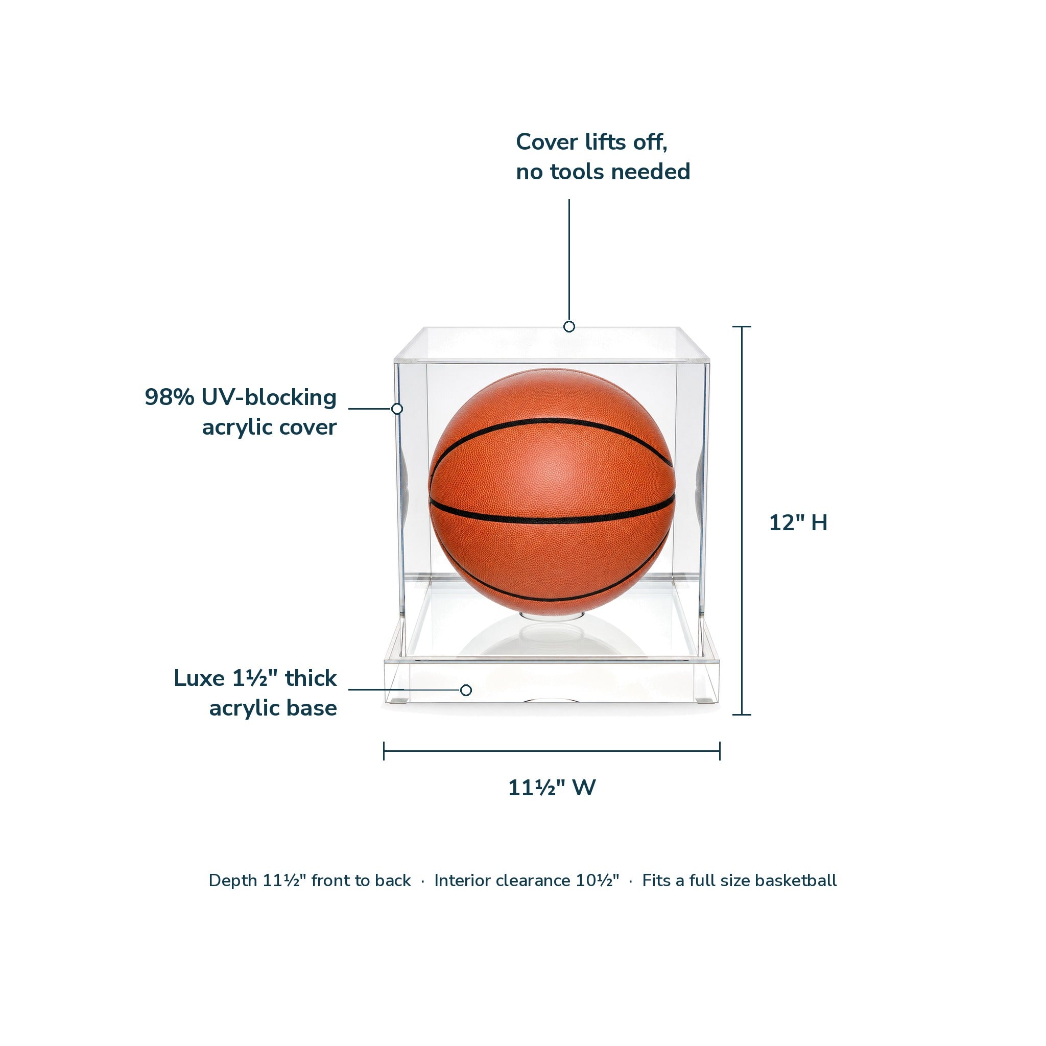 Basketball display case features and dimensions: 11½ inch square, 12 inch tall, luxe 1½ inch acrylic base, 98% UV-blocking cover