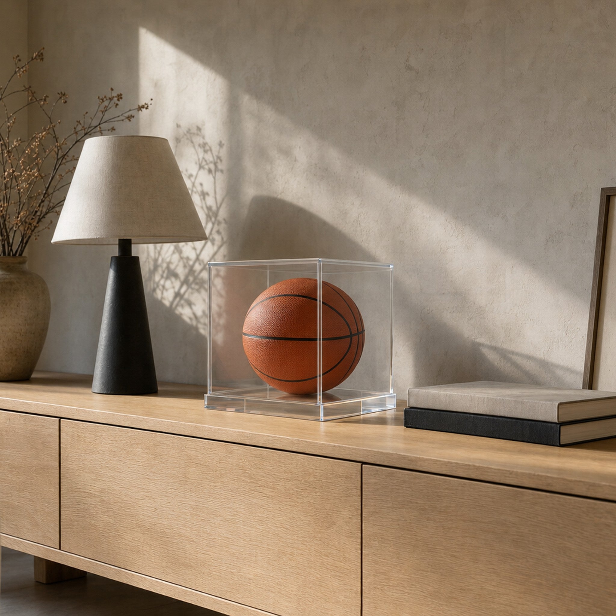 Acrylic basketball display case styled on a white oak credenza in a modern minimalist living room