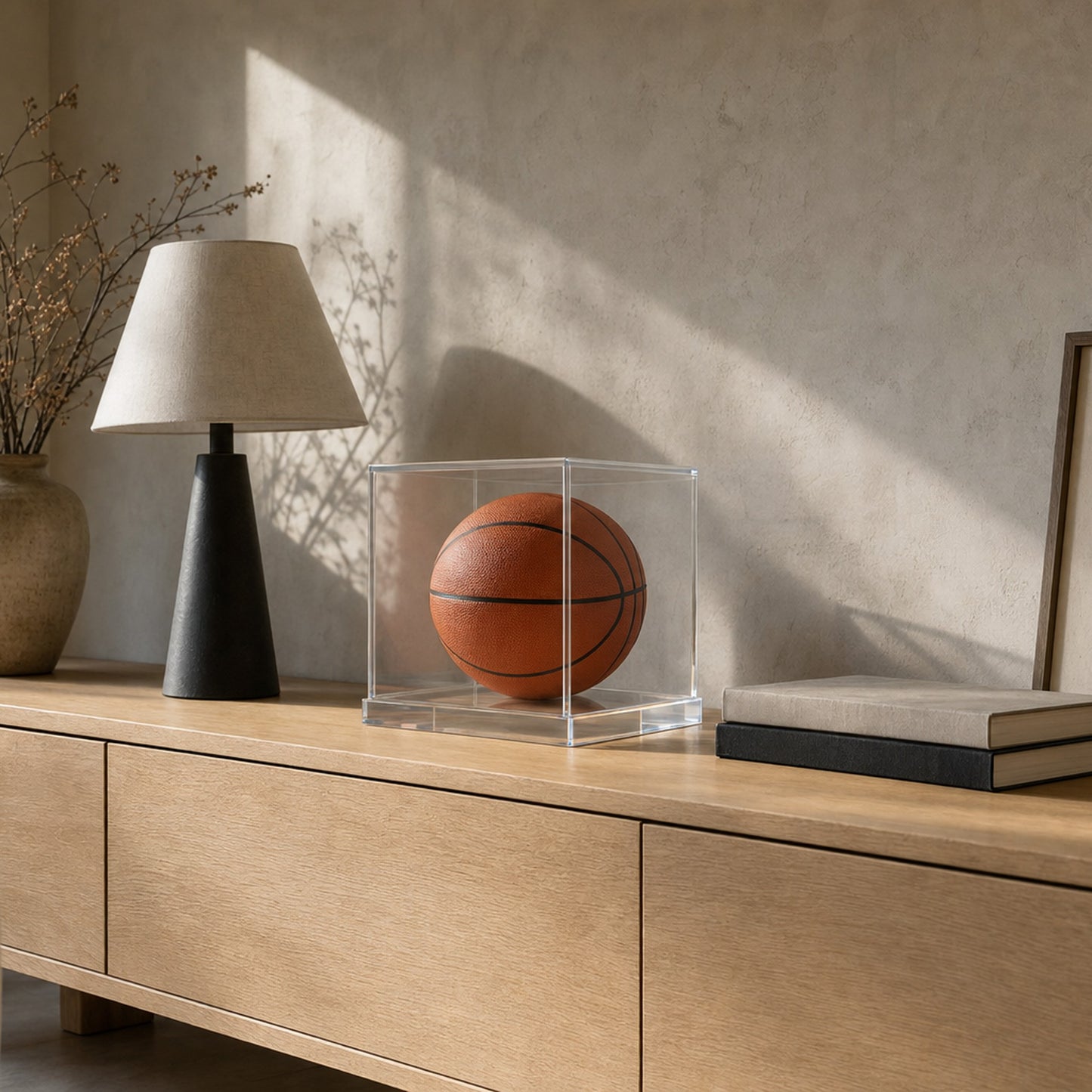 Acrylic basketball display case styled on a white oak credenza in a modern minimalist living room