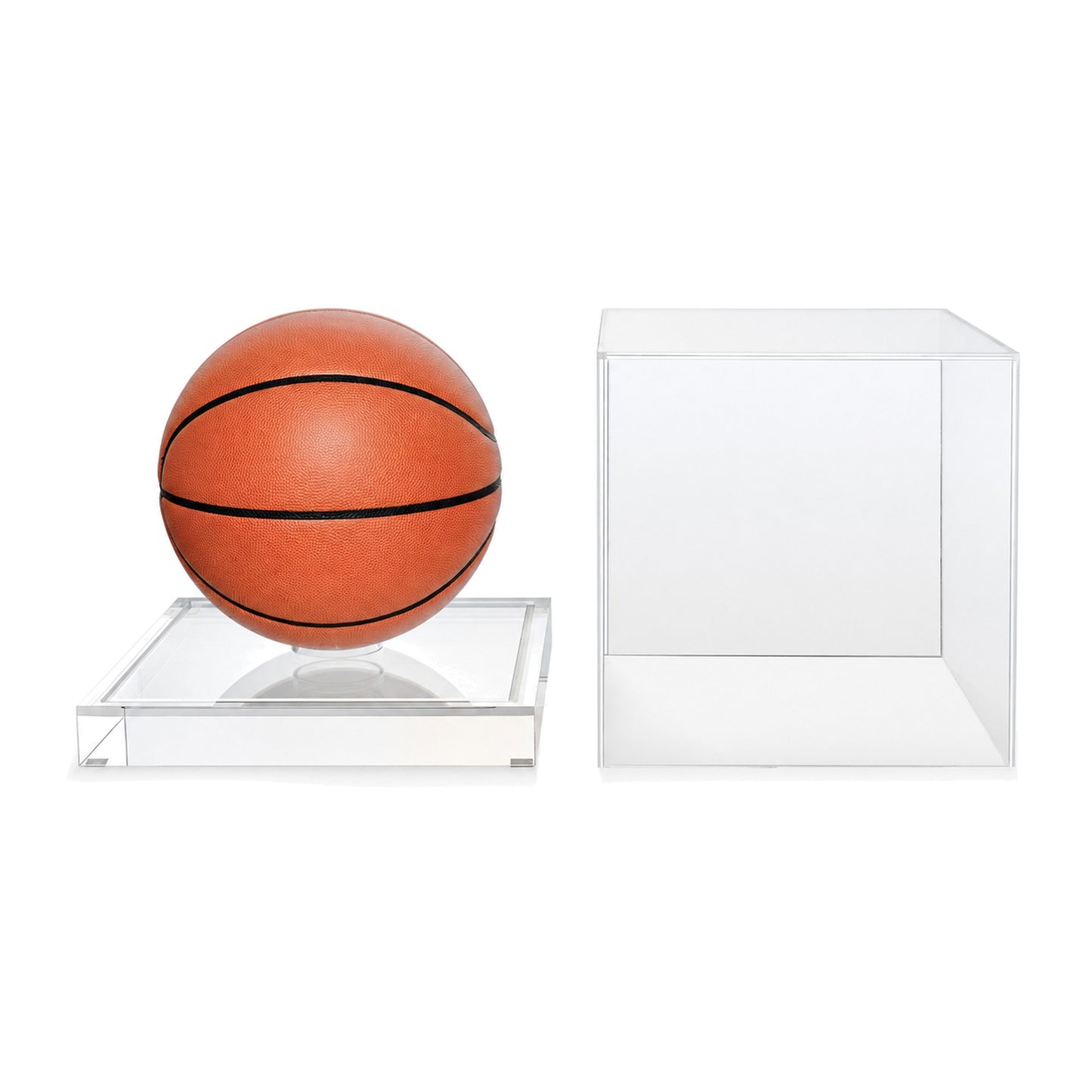 Basketball display case with the cover lifted off, showing tool-free access to the ball