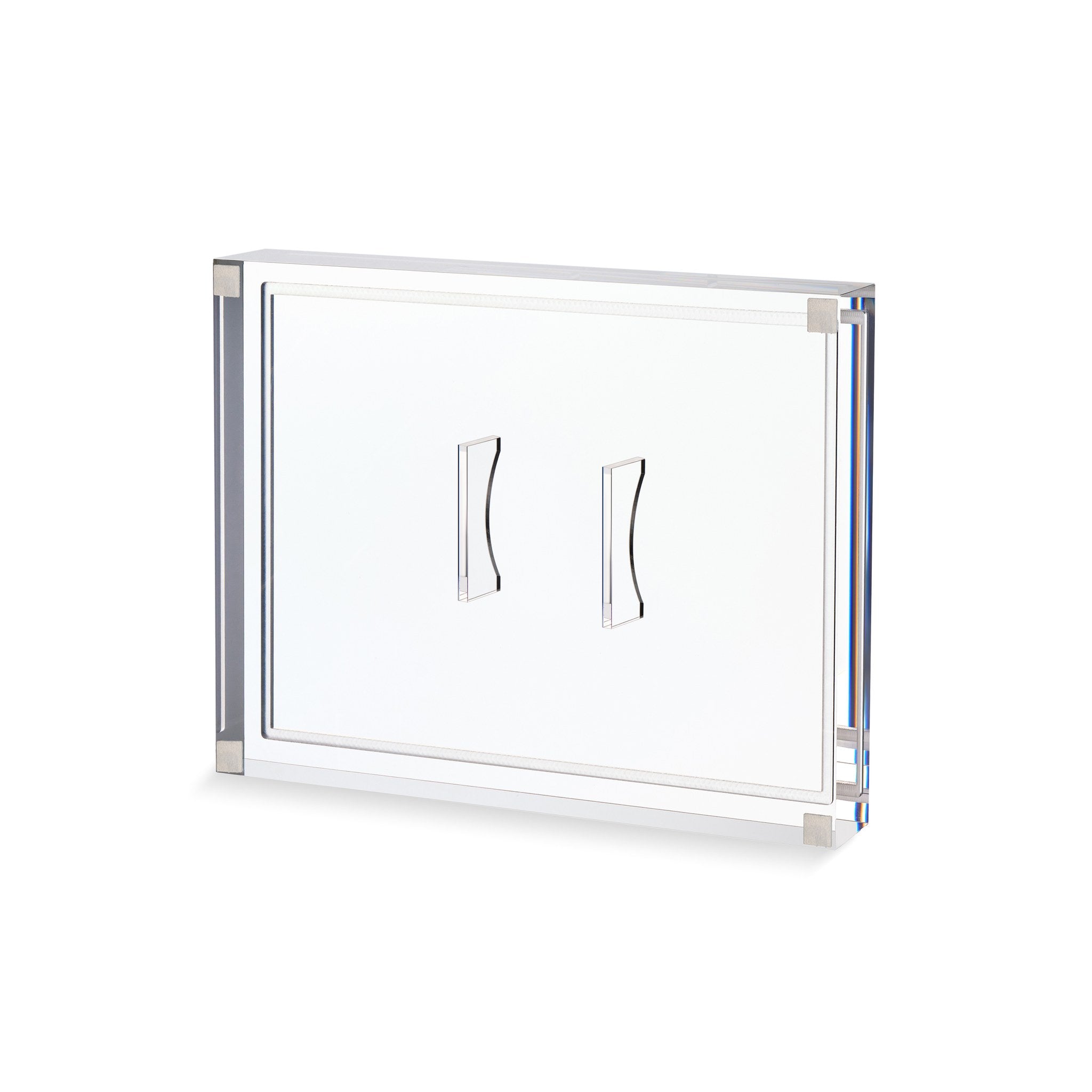 Detail of the football display case base showing the two curved clear acrylic cradle risers and polished edges of the 40 mm acrylic slab