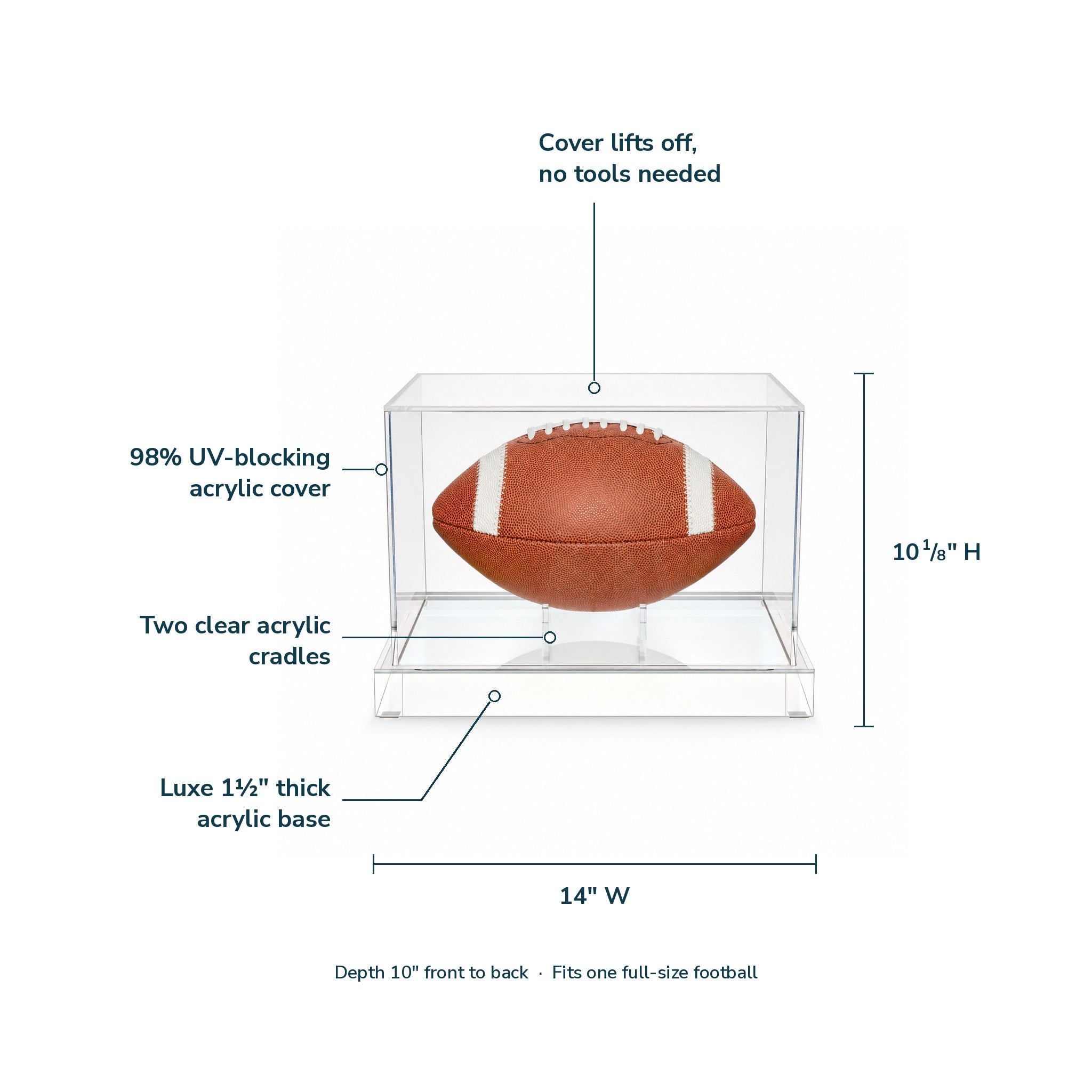 Football display case features and dimensions: 98% UV-blocking acrylic cover, two clear acrylic cradles, luxe 1 1/2 inch thick acrylic base, 14 inch W x 10 inch D x 10 1/8 inch H