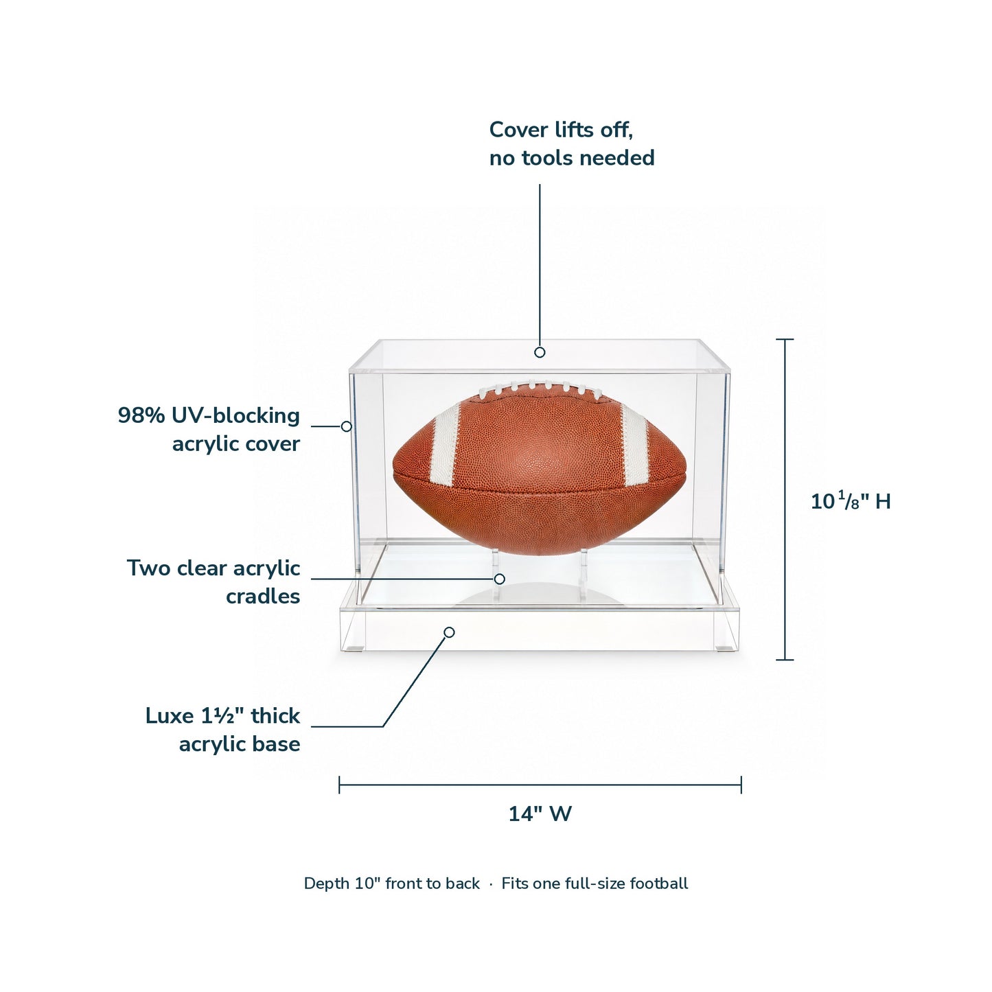 Football display case features and dimensions: 98% UV-blocking acrylic cover, two clear acrylic cradles, luxe 1 1/2 inch thick acrylic base, 14 inch W x 10 inch D x 10 1/8 inch H