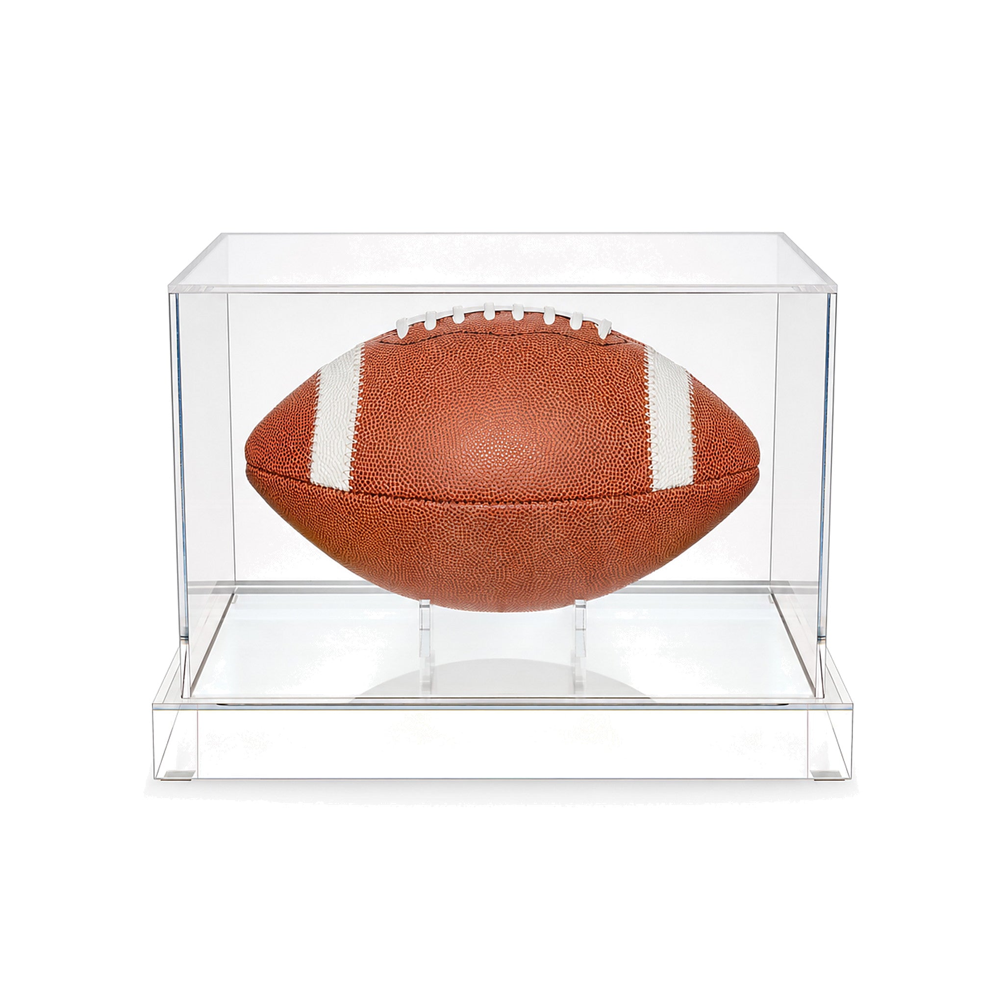 Front view of the clear acrylic football display case with a full-size football displayed horizontally behind 98% UV-blocking acrylic