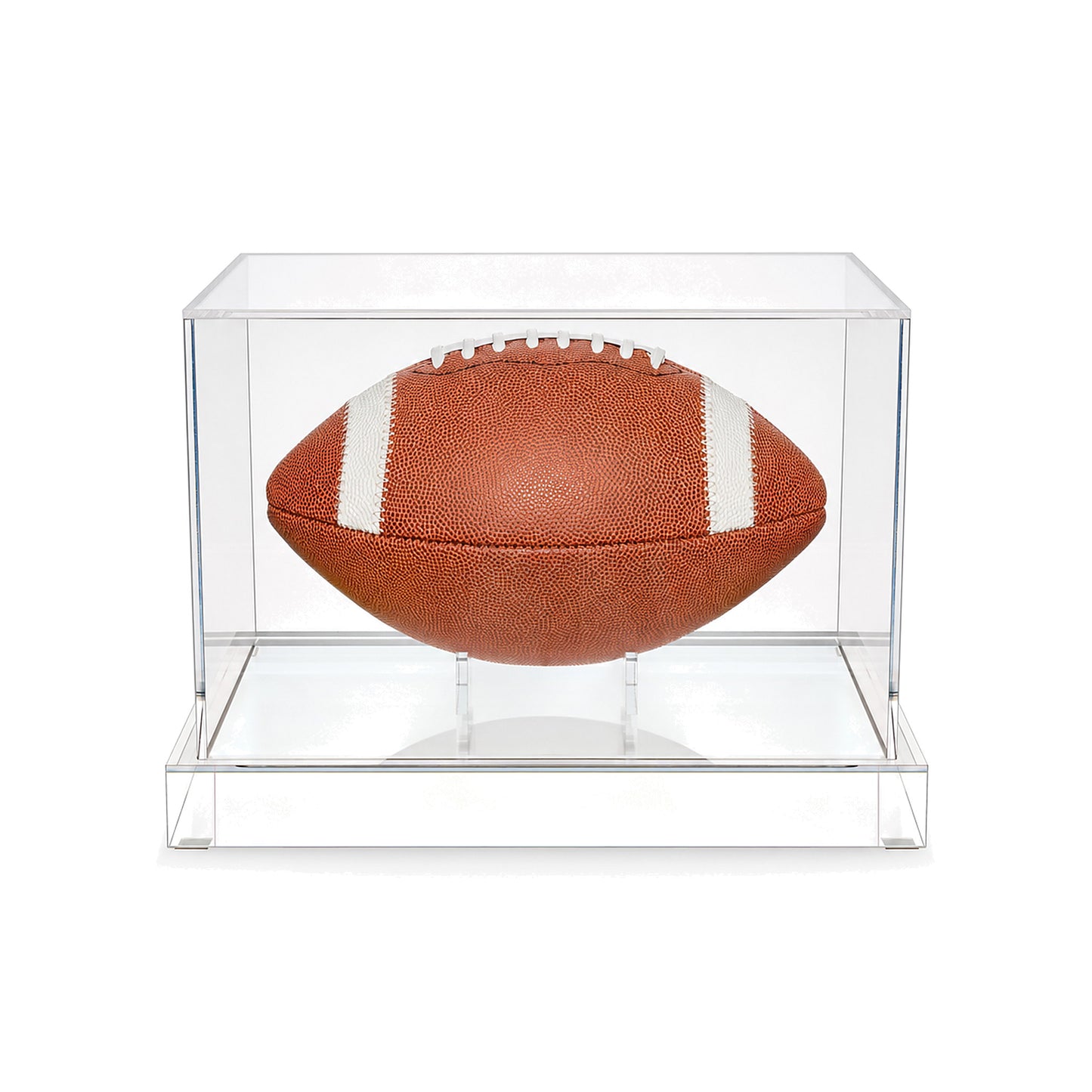Front view of the clear acrylic football display case with a full-size football displayed horizontally behind 98% UV-blocking acrylic