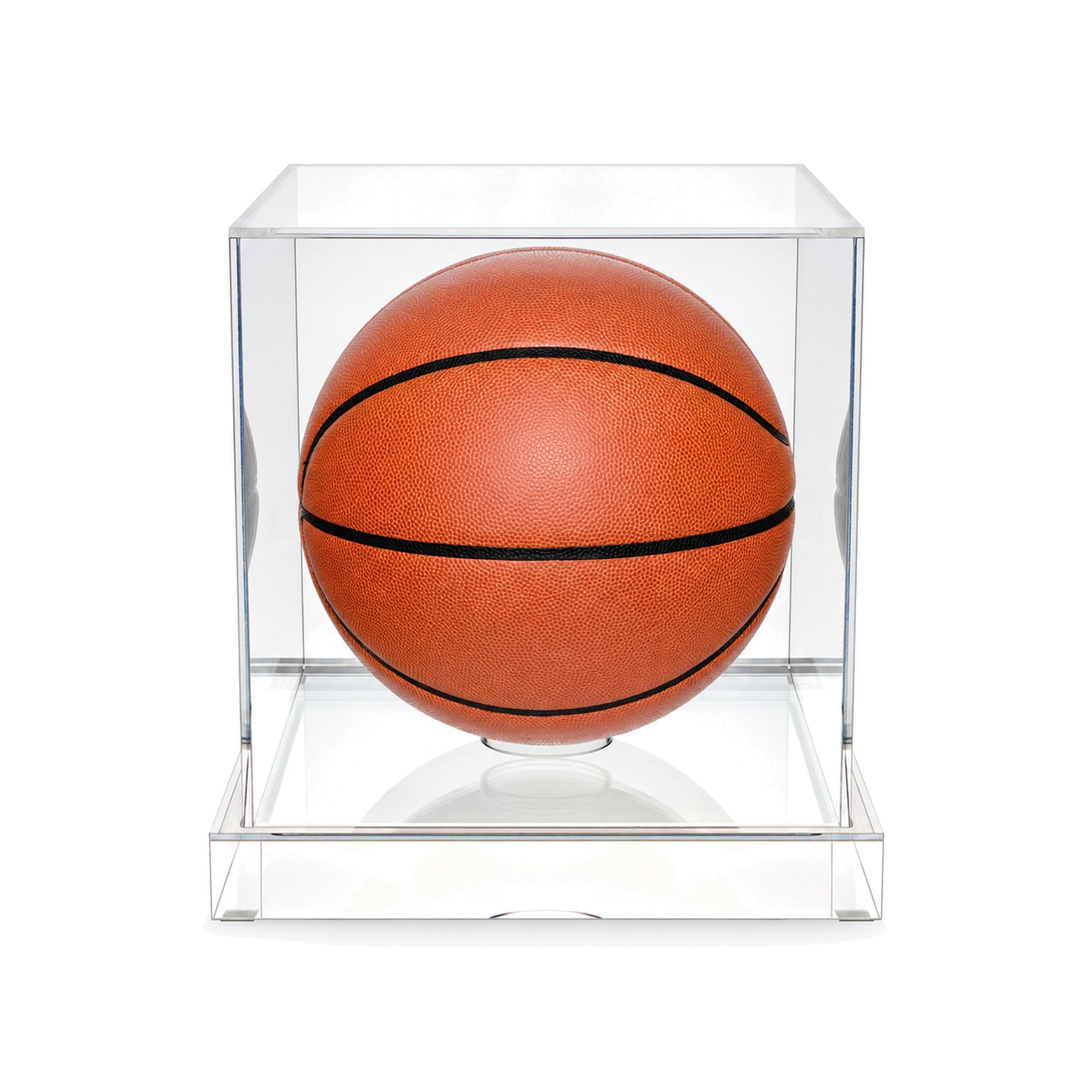 Wexel Art Luxe Basketball Display Case, front view, clear 98% UV acrylic cube on a luxe 1½ inch thick acrylic base