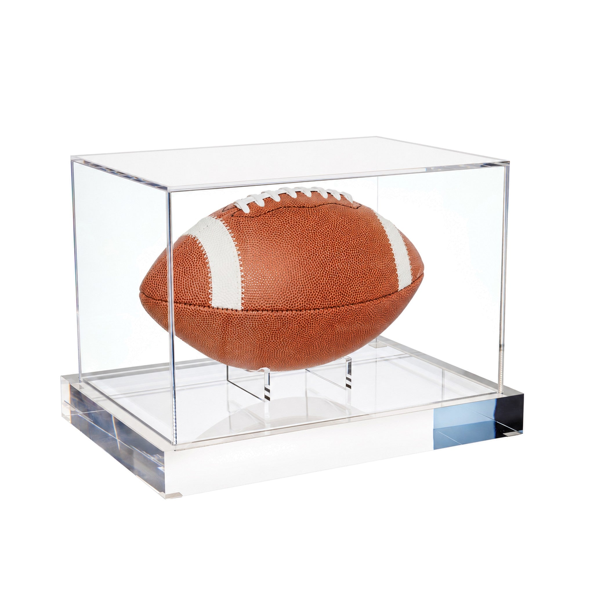 Luxe football display case by Wexel Art with 98% UV-blocking clear acrylic cover and luxe 1 1/2 inch thick acrylic base holding a full size football