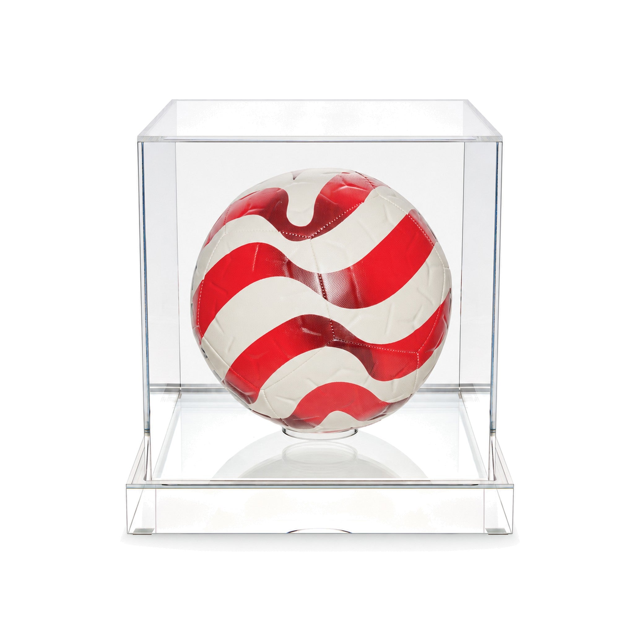 Wexel Art Luxe Soccer Ball Display Case, front view, clear 98% UV acrylic cube on a luxe 1½ inch thick acrylic base