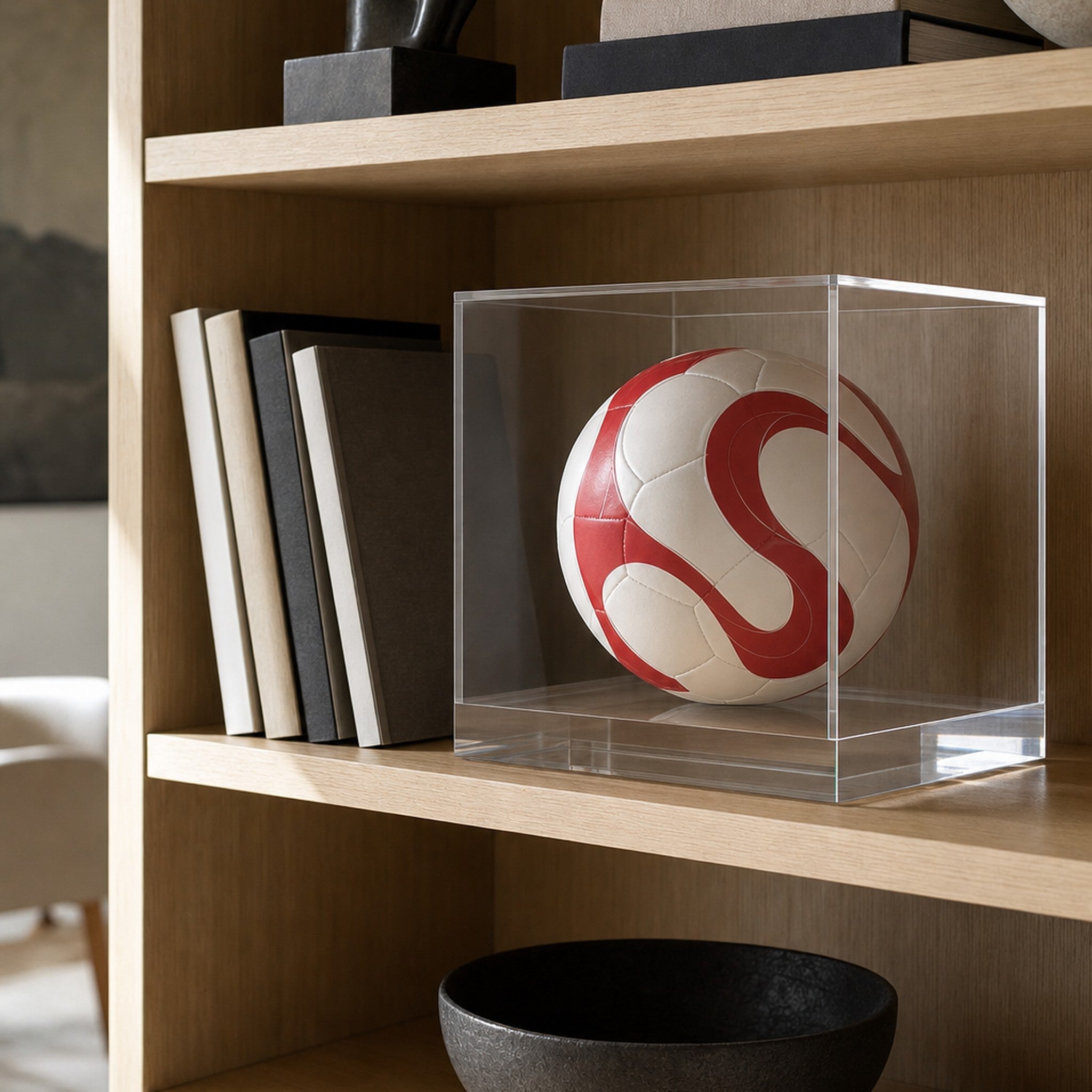 Acrylic soccer ball display case styled on a white oak bookcase shelf in a minimalist study