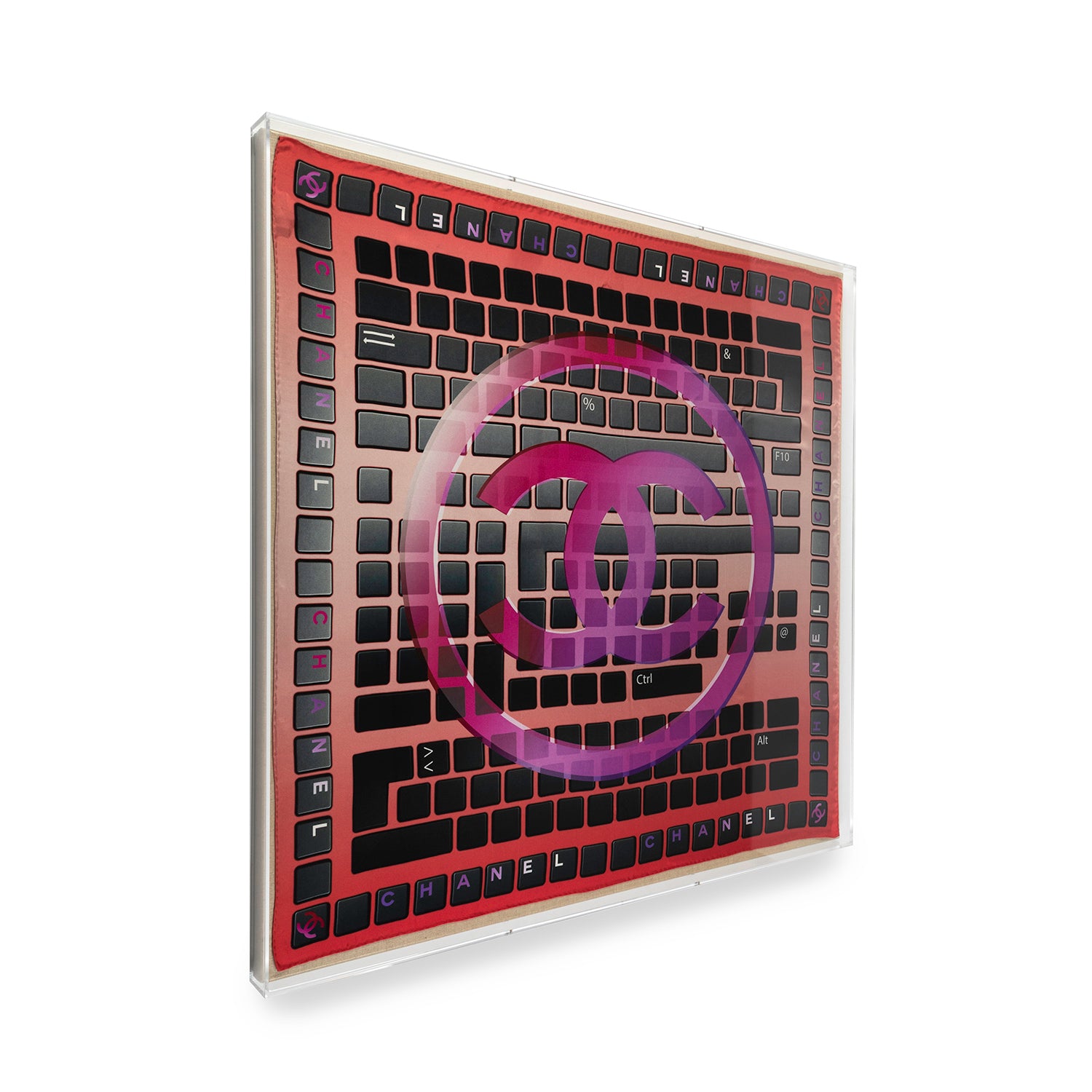Framed Chanel Interlocking C Logo Keyboard Silk Scarf in 58x58x2" Shadowbox