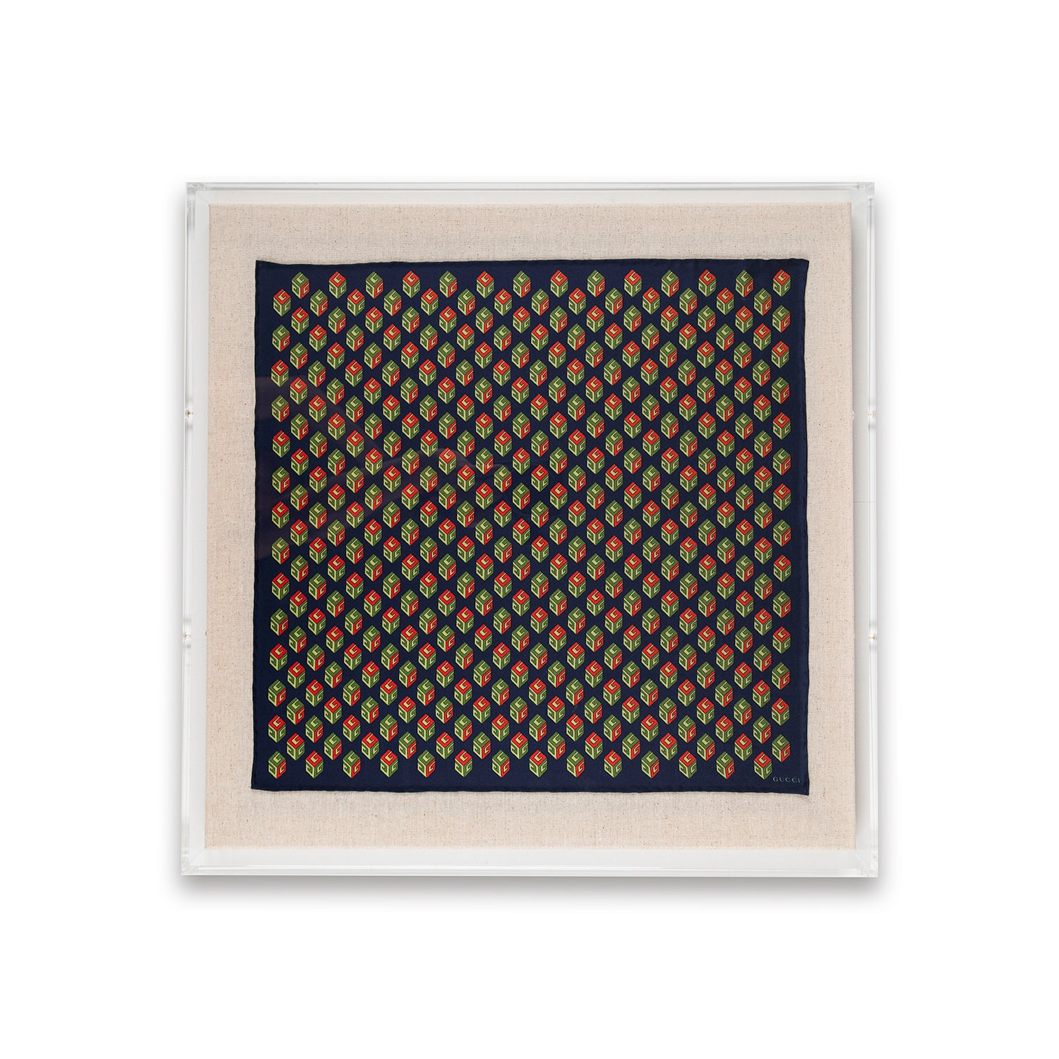Framed Gucci Patterned G Squares Scarf Blue and Red in a 20x20x3 Shadowbox