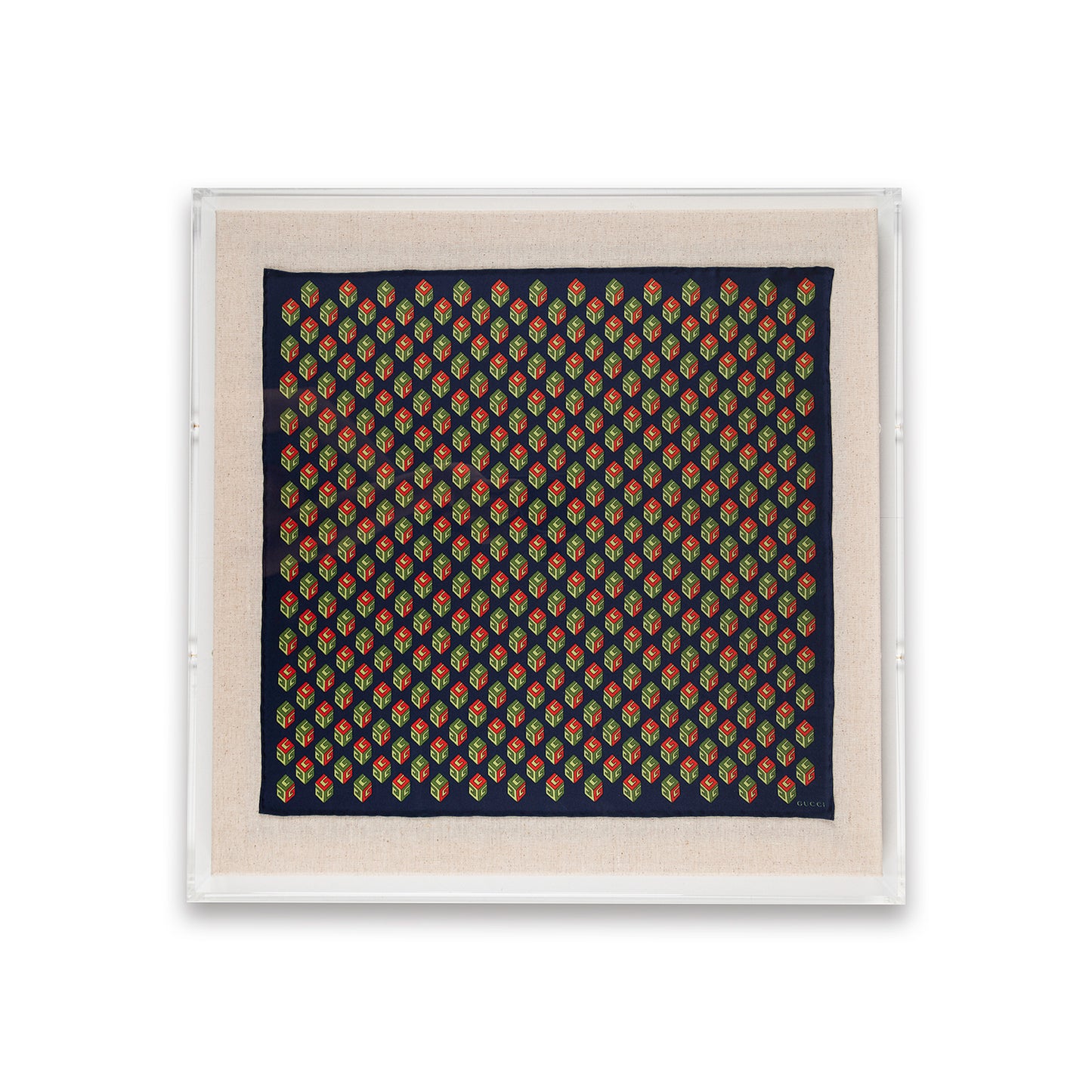 Framed Gucci Patterned G Squares Scarf Blue and Red in a 20x20x2 Shadowbox
