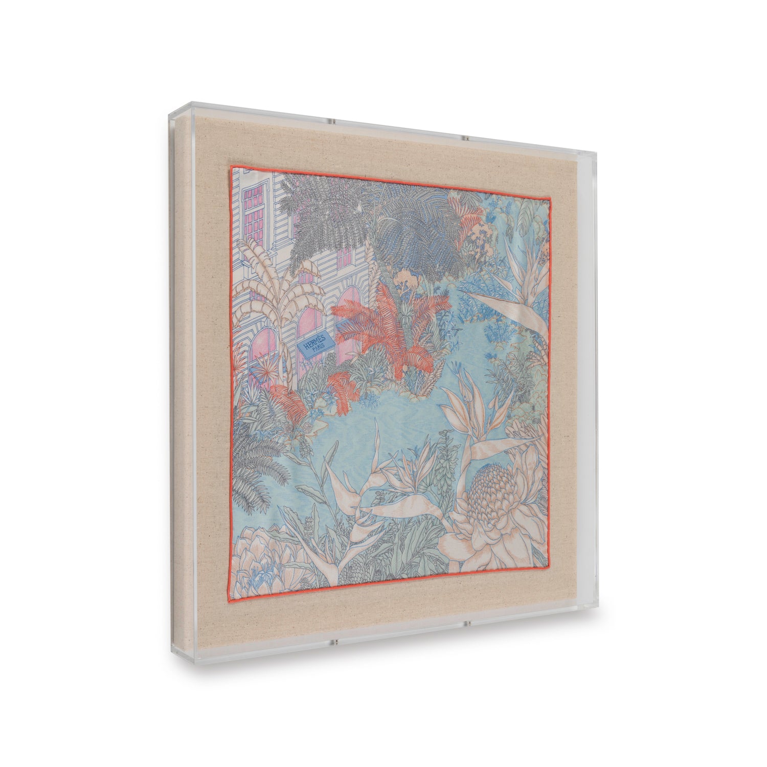 Framed Hermès Faubourg Tropical Bleu Ciel Red Fronds Silk Scarf in a 20x20x2