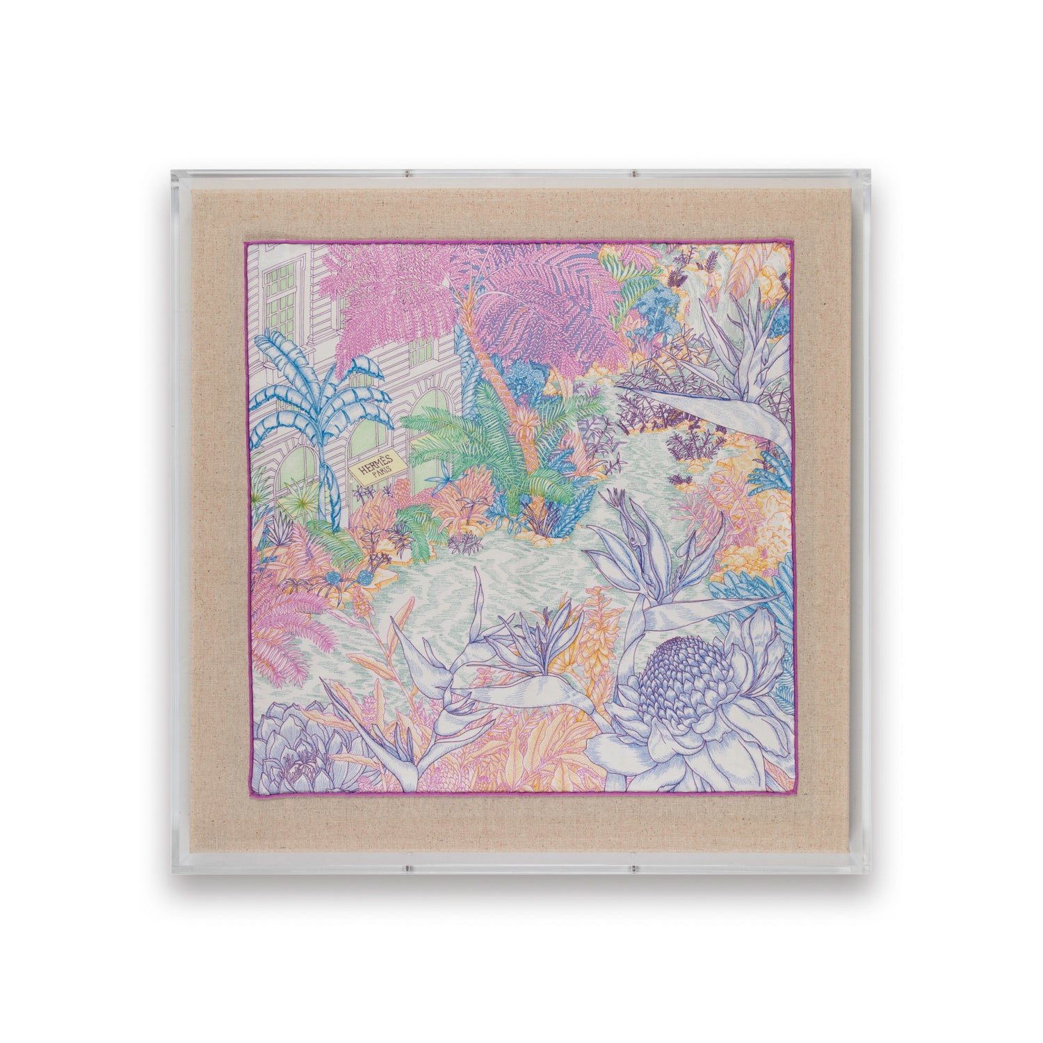Framed Hermés Silk Faubourg Tropical Rose Blue Scarf in a 20x20x2