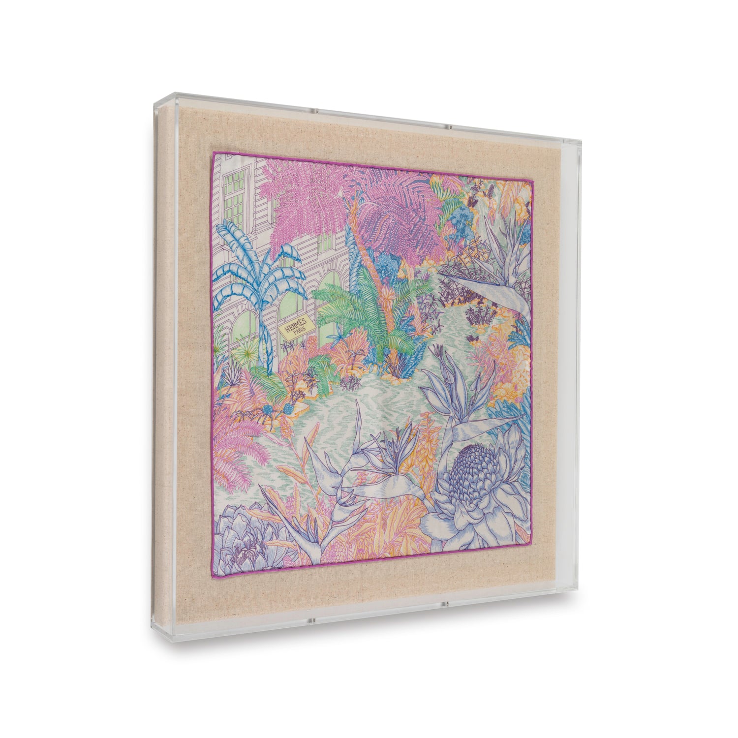 Framed Hermès Silk Faubourg Tropical Rose Blue Scarf in a 20x20x2" Shadowbox