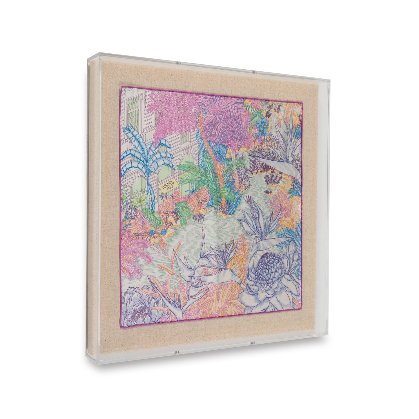 Framed Hermés Silk Faubourg Tropical Rose Blue Scarf in a 20x20x2" Shadowbox