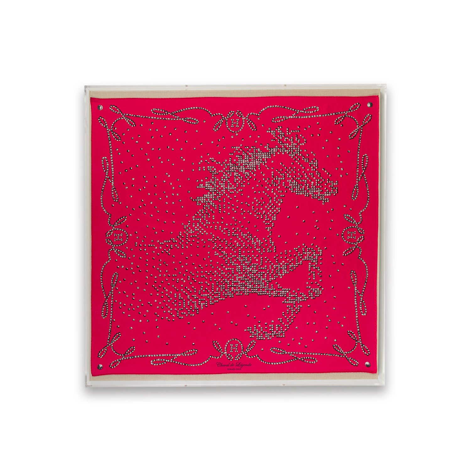 Framed Hermès Cheval De Legende Hot Pink Silk Scarf in a 36x36x2" Shadowbox